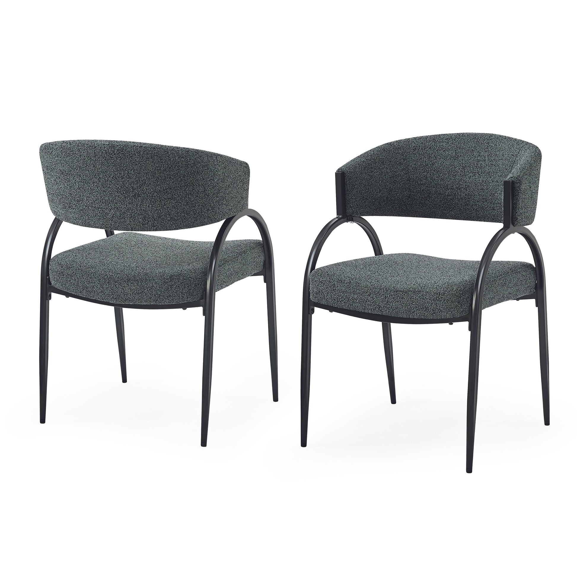Two dark grey fabric armchairs with black metal legs perfect for modern reception areas