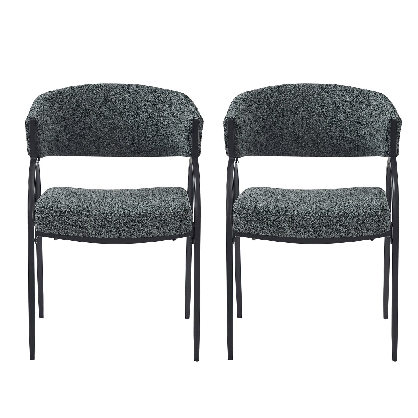 Two grey upholstered side chairs with black metal legs perfect for modern dining rooms