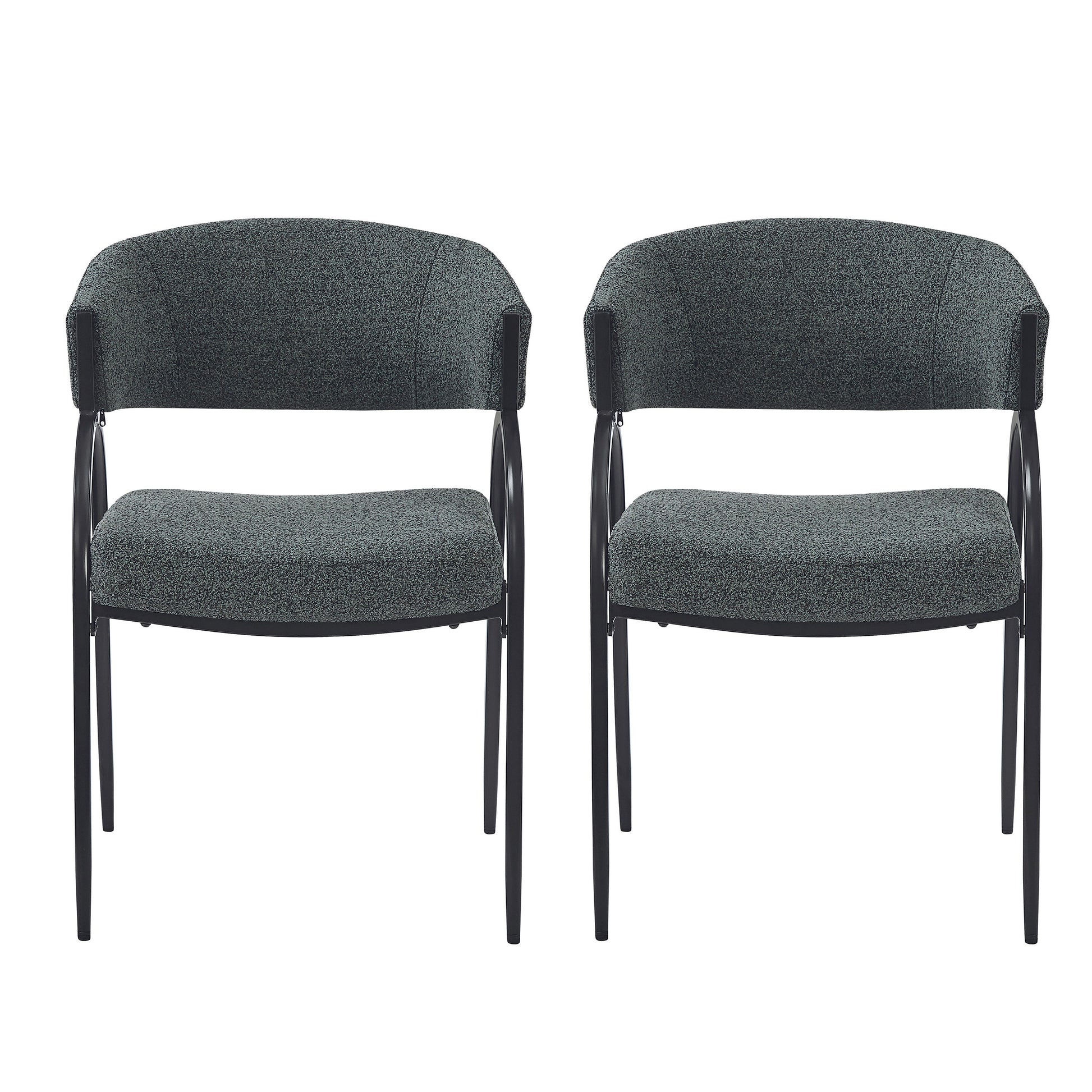 Two grey upholstered side chairs with black metal legs perfect for modern dining rooms