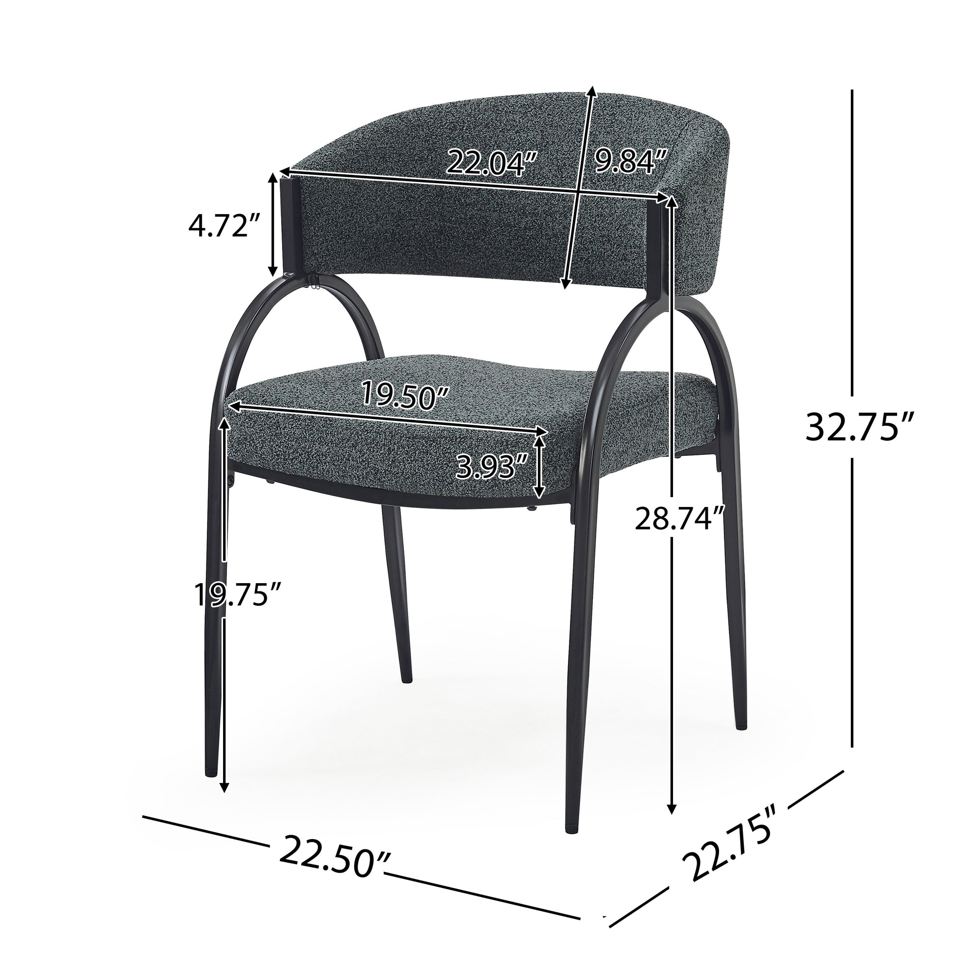 Gray upholstered modern dining chair with black metal legs showing dimensions