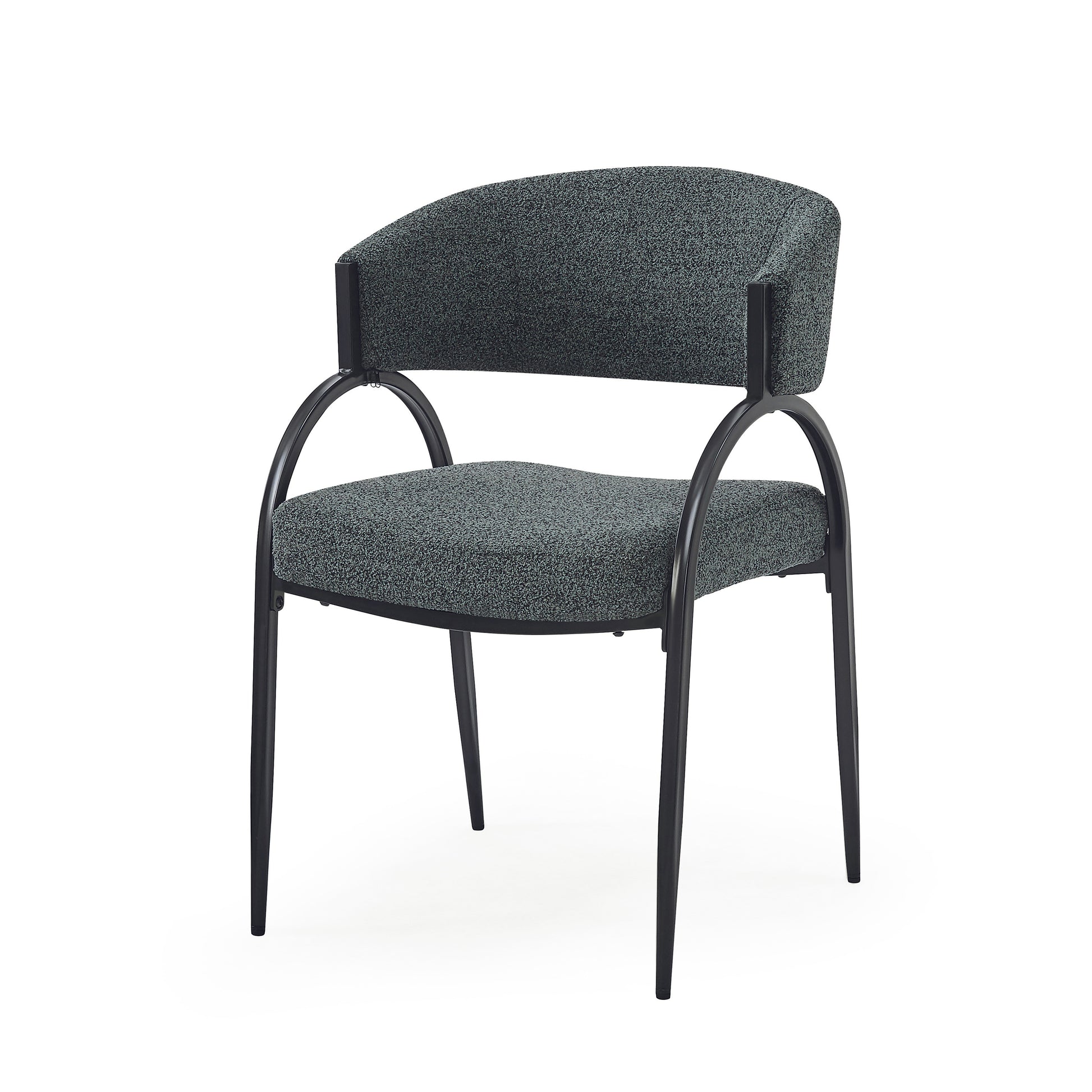 Modern charcoal grey upholstered armchair with black metal frame and legs