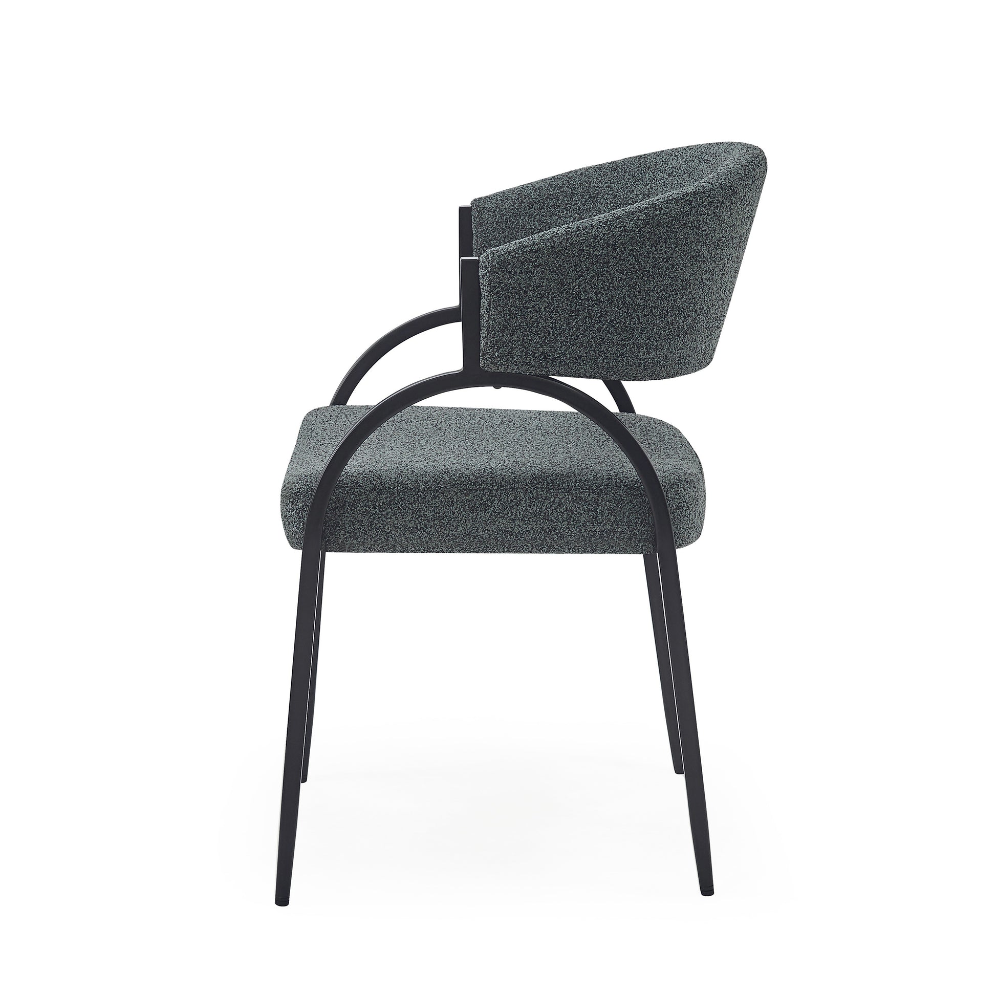 Modern grey fabric armchair with curved black metal legs for home or office