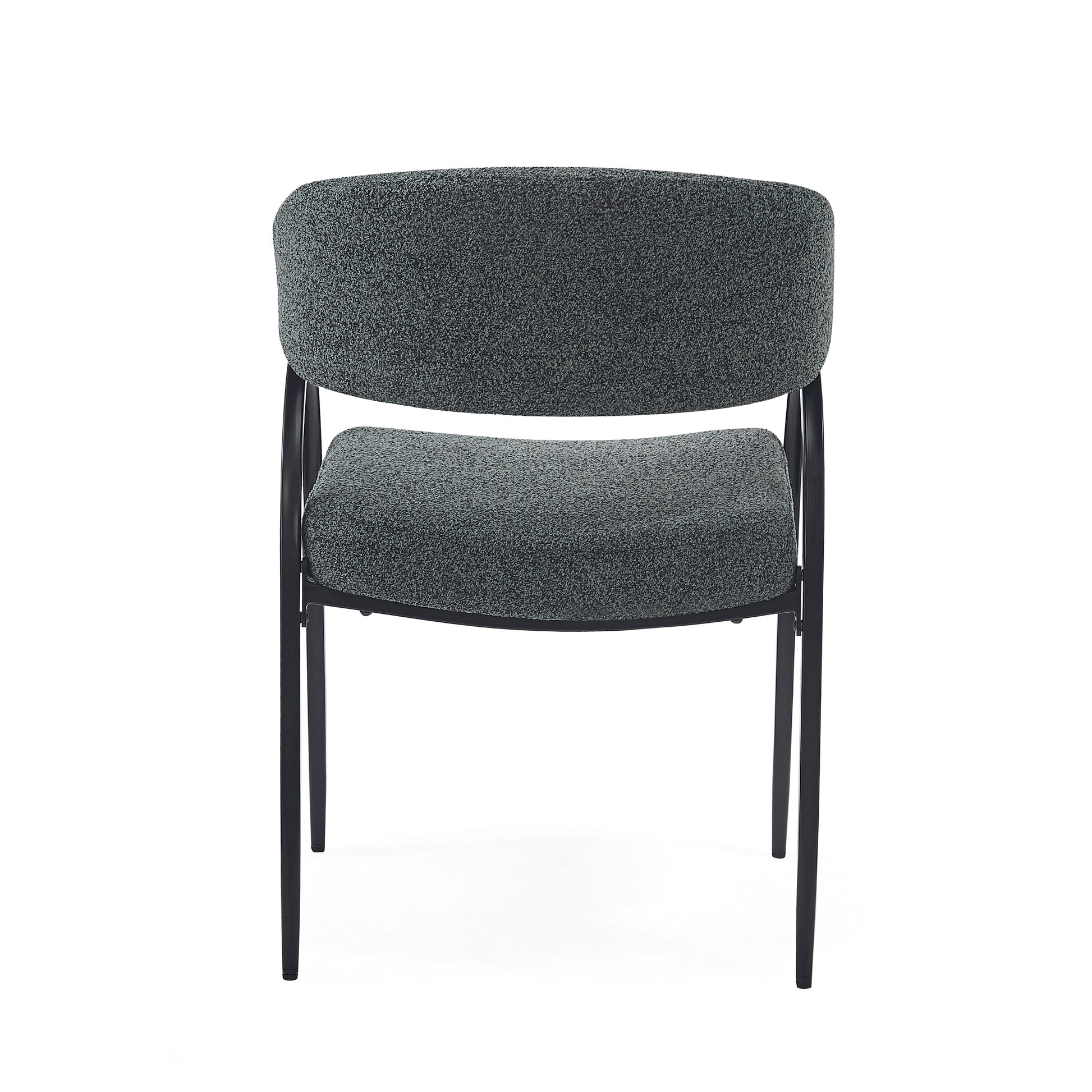 Modern grey upholstered dining chair with black metal legs