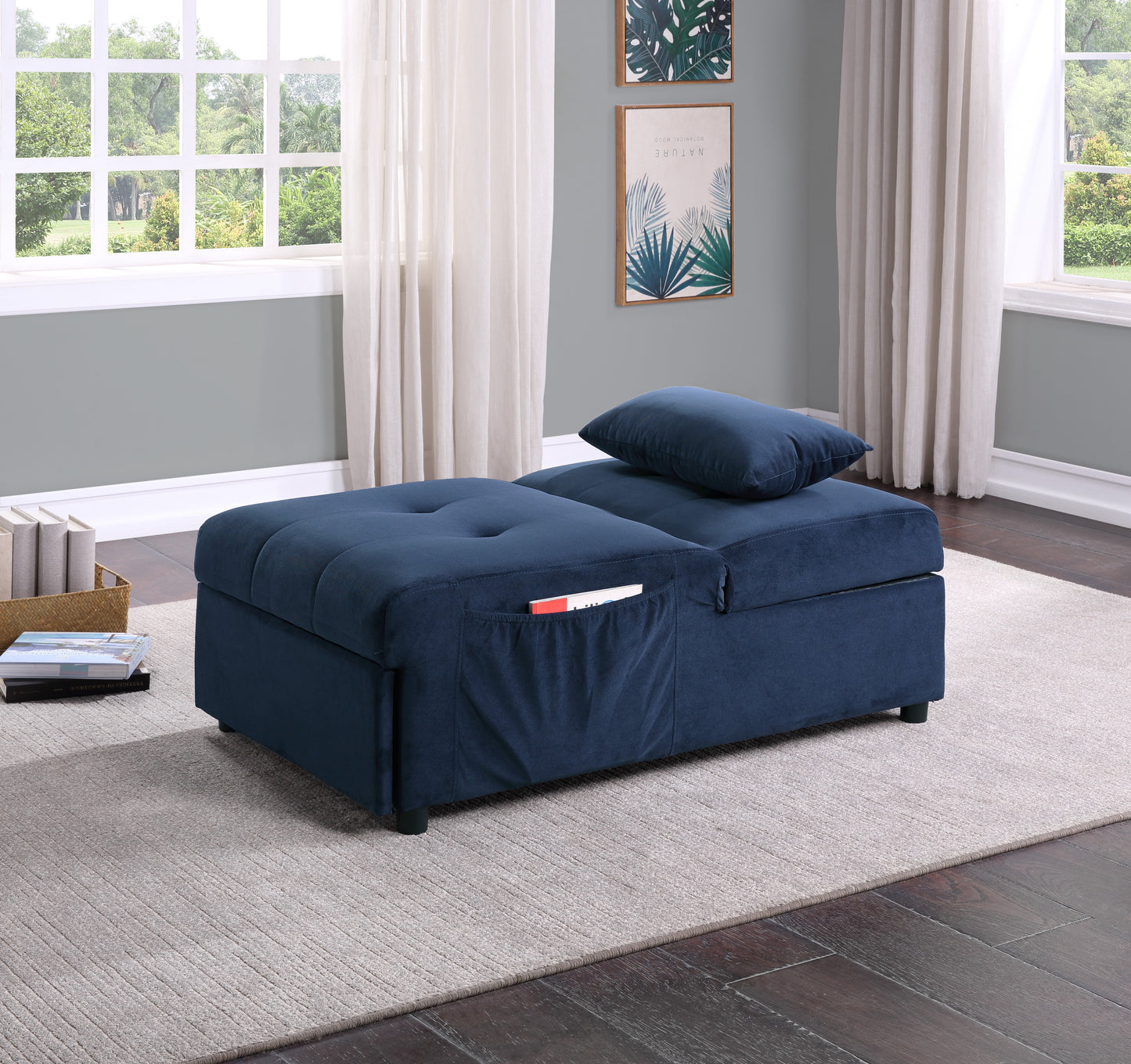 TREATLIFE HOME Modern Lift Storage Bench with Pull-Out Bed, Dark Blue Velvet Upholstery, Multi-Functional Design