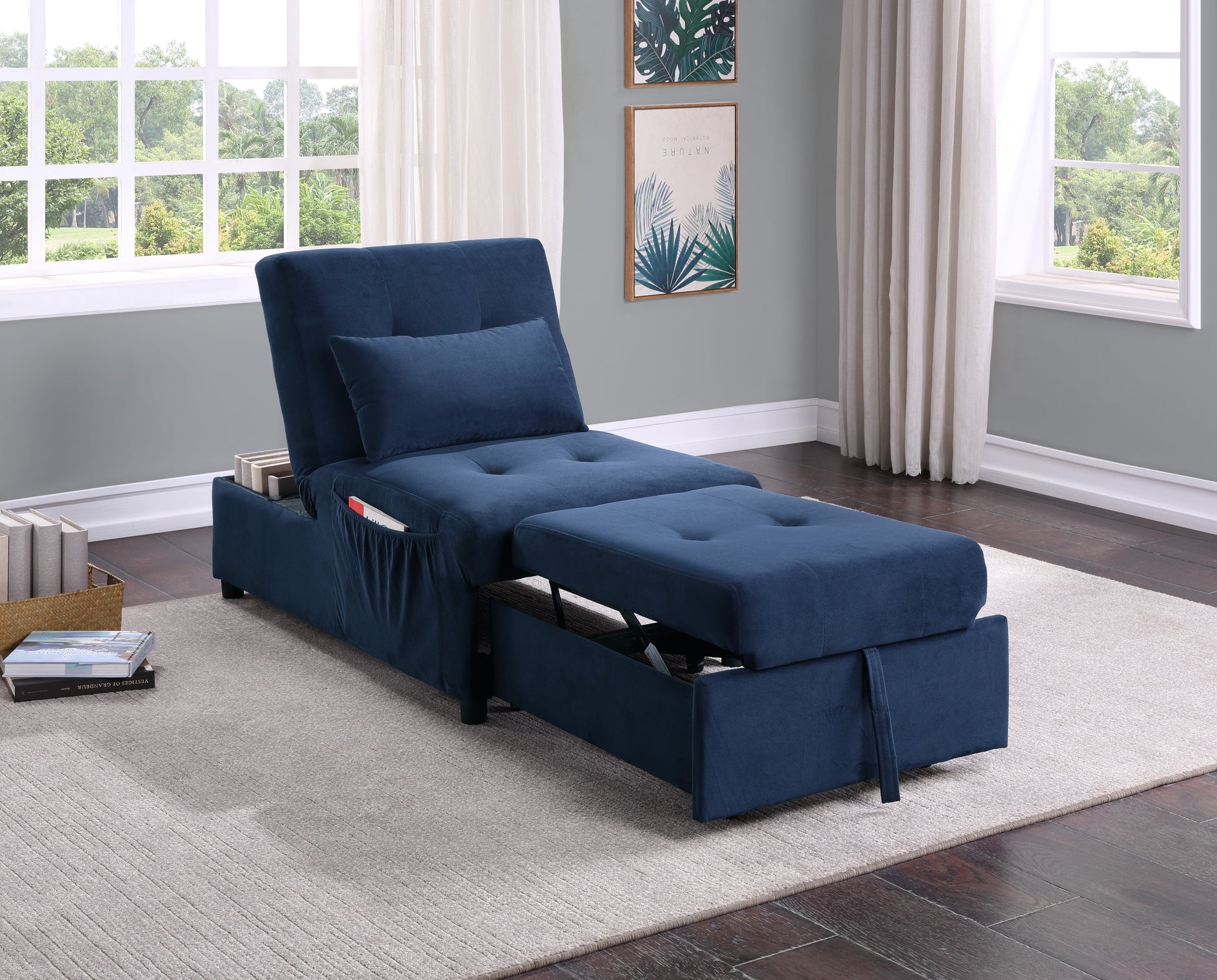 Deep blue velvet convertible sofa bed with storage