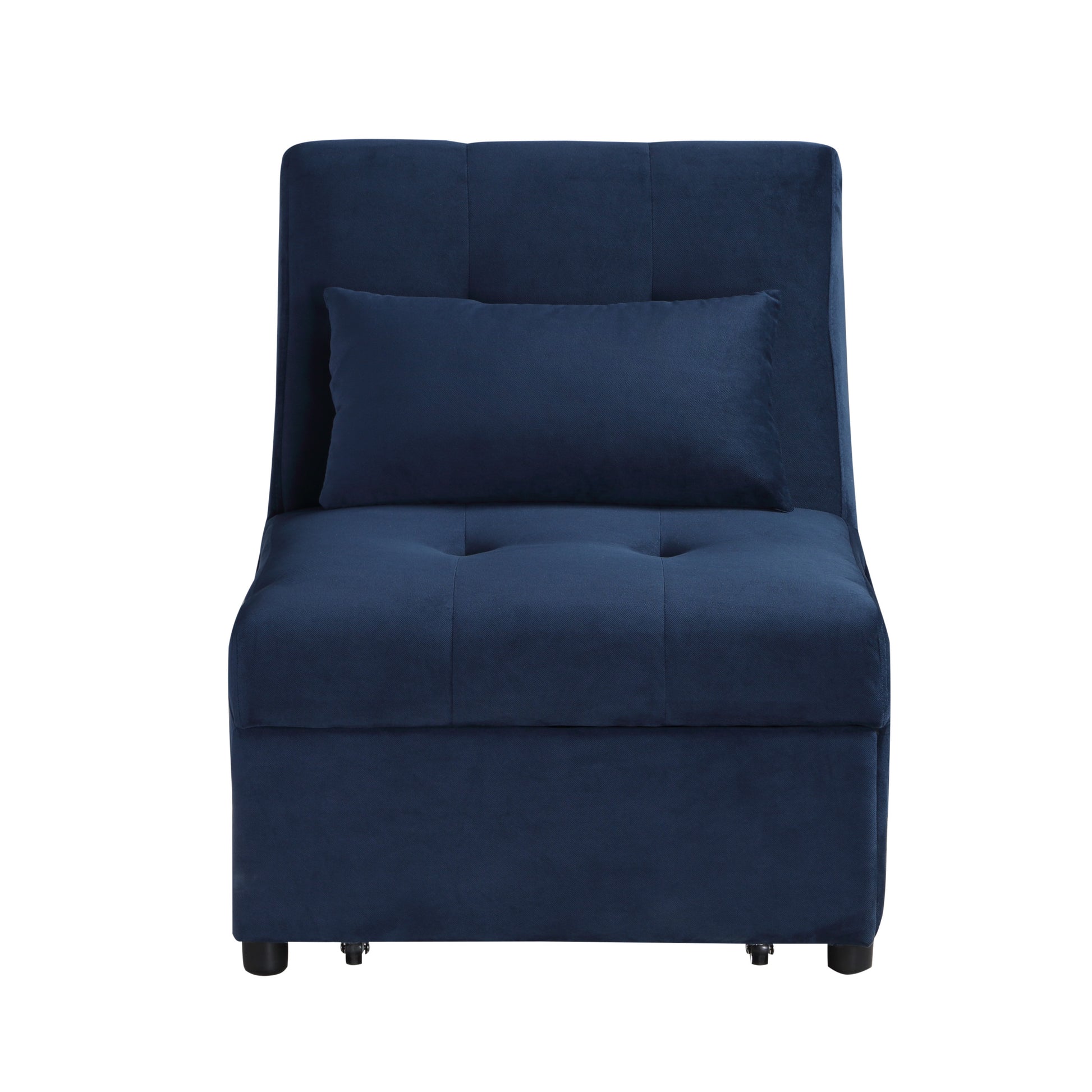 Dark blue velvet sofa bed with tufted seat and lumbar pillow