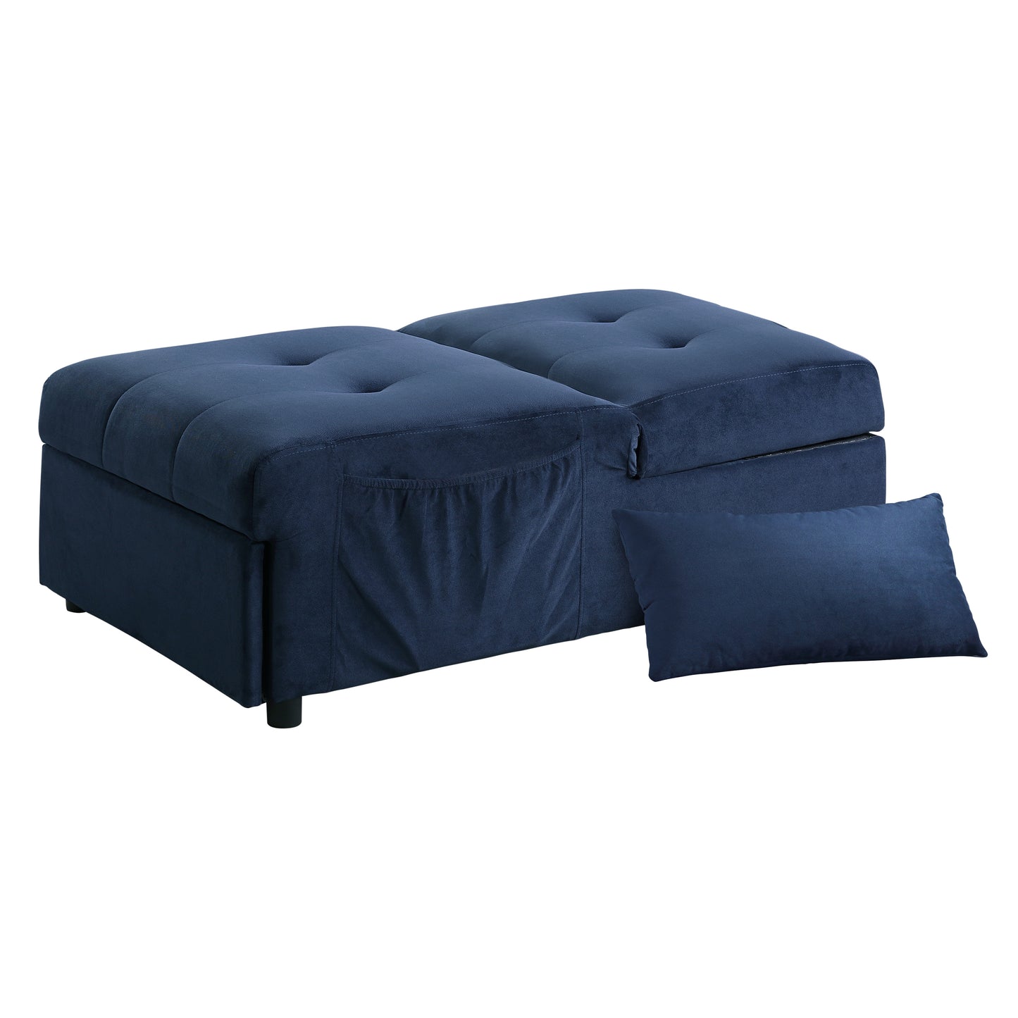 Navy velvet tufted storage ottoman with builtin side pocket and matching lumbar pillow