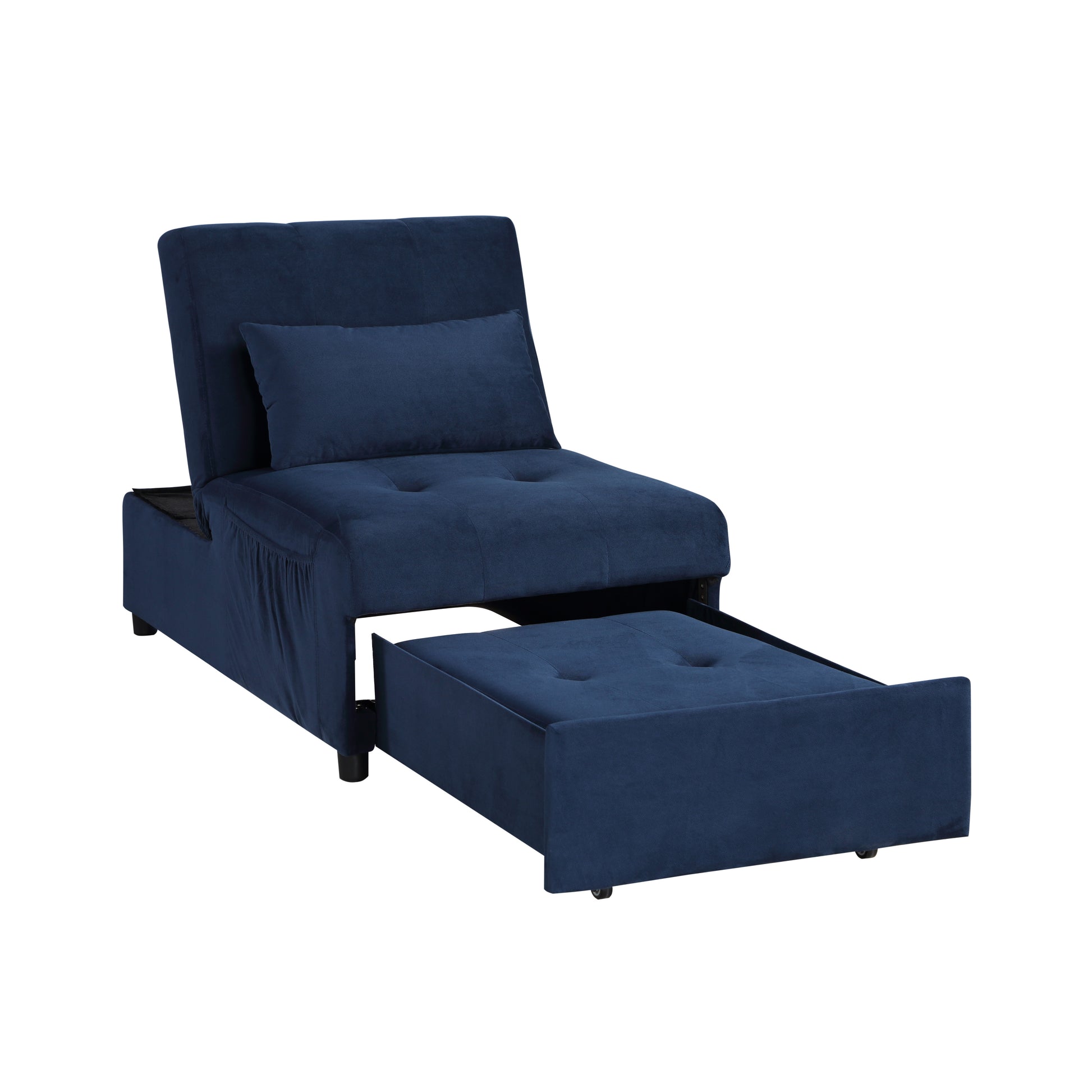 Navy blue velvet convertible sofa bed with pullout ottoman