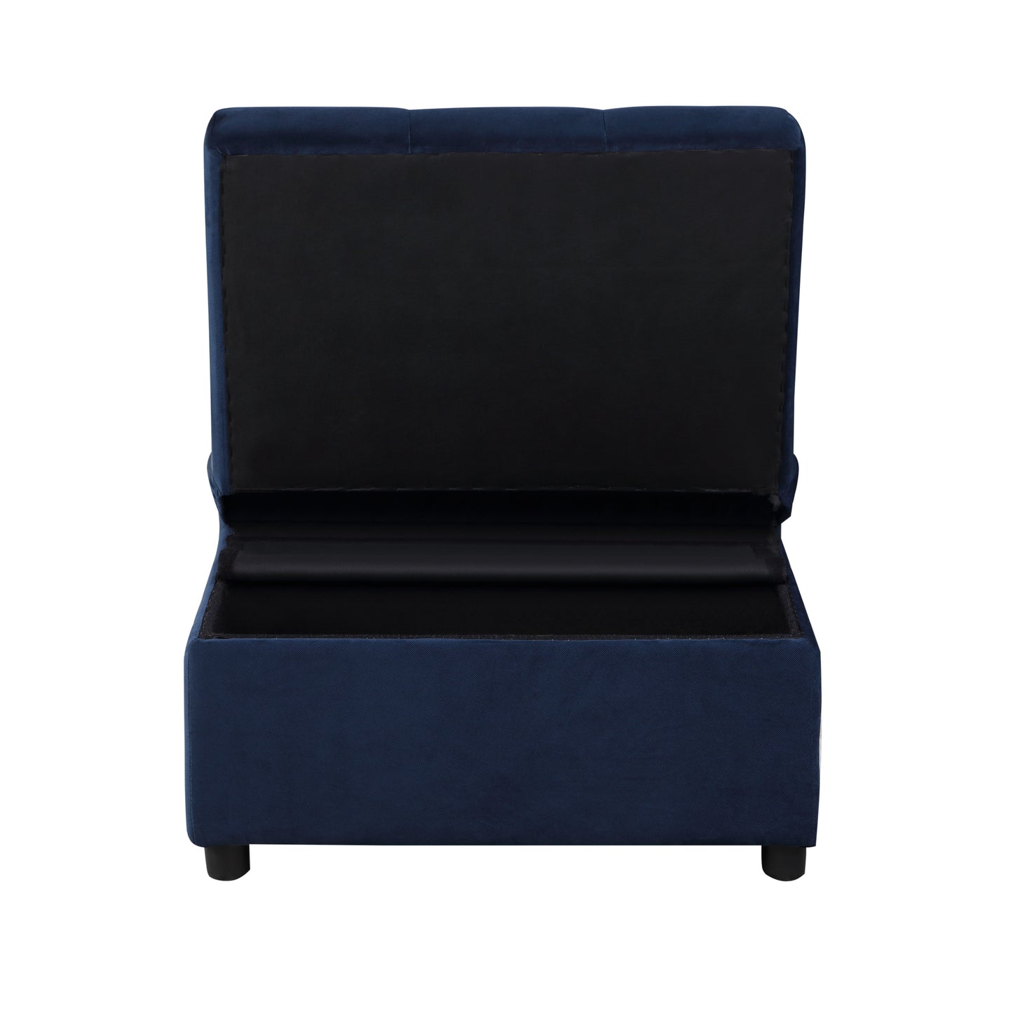 Navy velvet storage ottoman with tufted lid open to reveal black interior
