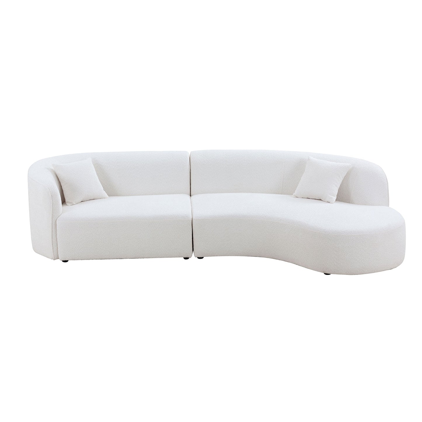 Plush white boucl curved sectional sofa with modern design and two throw pillows