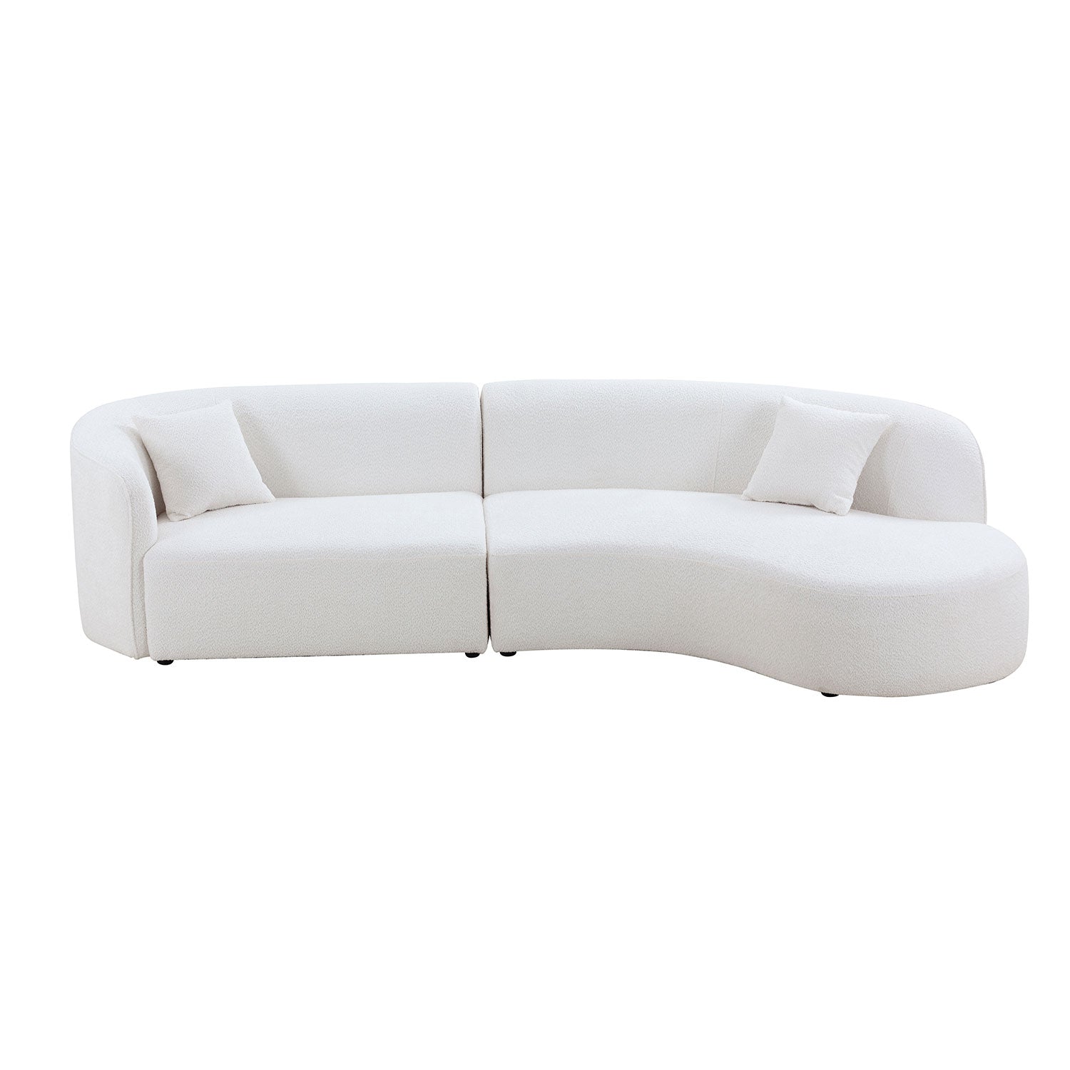 Plush white boucl curved sectional sofa with modern design and two throw pillows