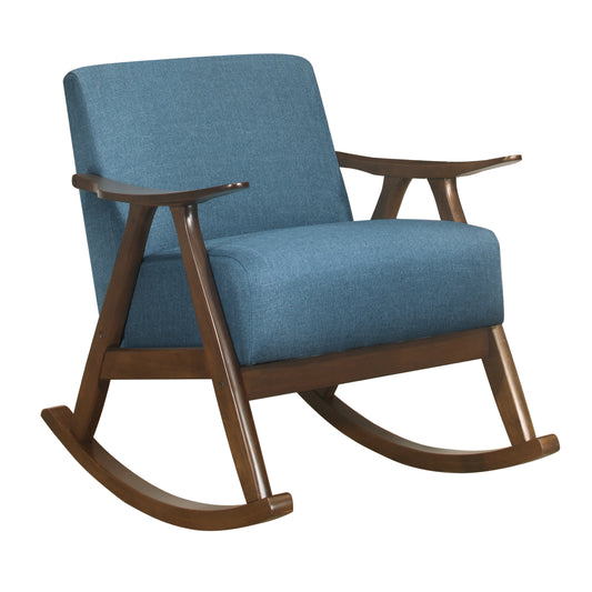 Blue fabric upholstered rocking chair with curved wooden armrests and frame