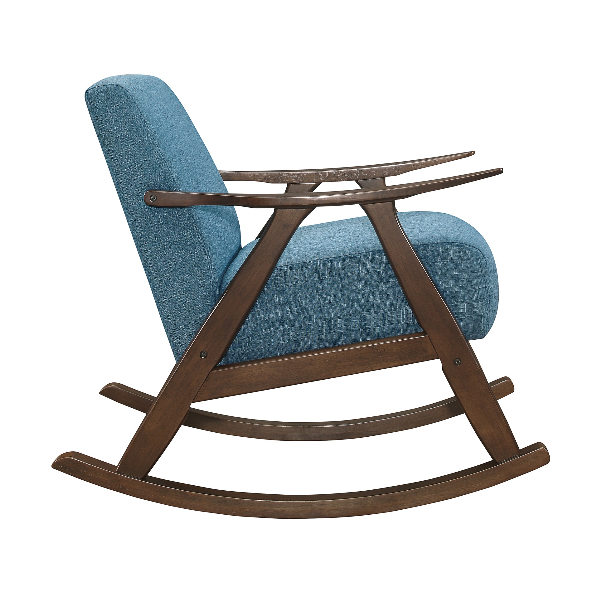 Midcentury modern rocking chair with blue fabric seat and dark wood frame