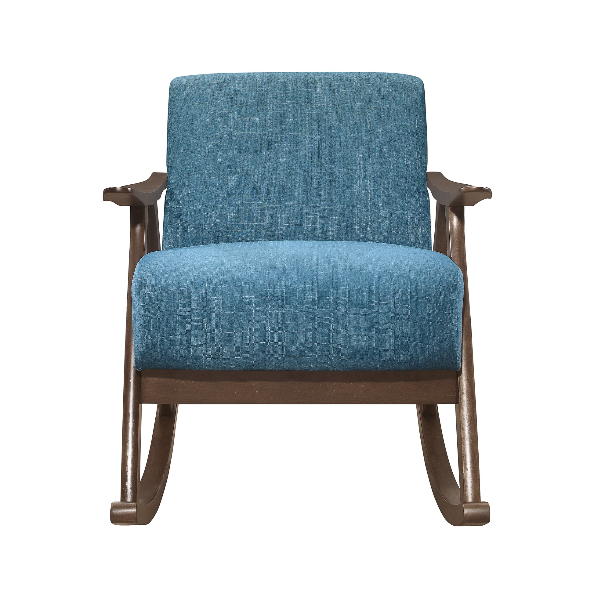 Blue fabric rocking chair with dark wood frame and arms