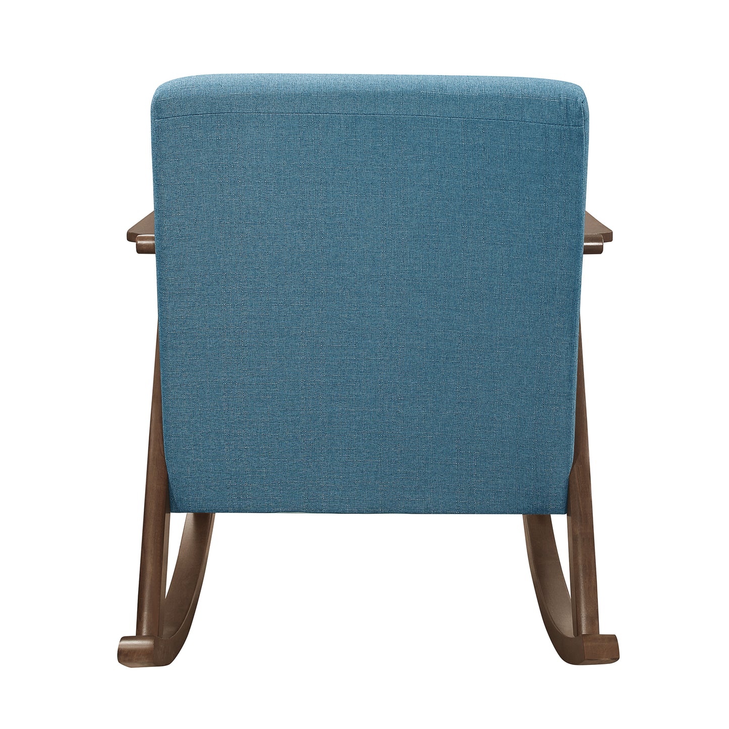 Rear view of a blue fabric upholstered rocking chair with wooden legs and arms