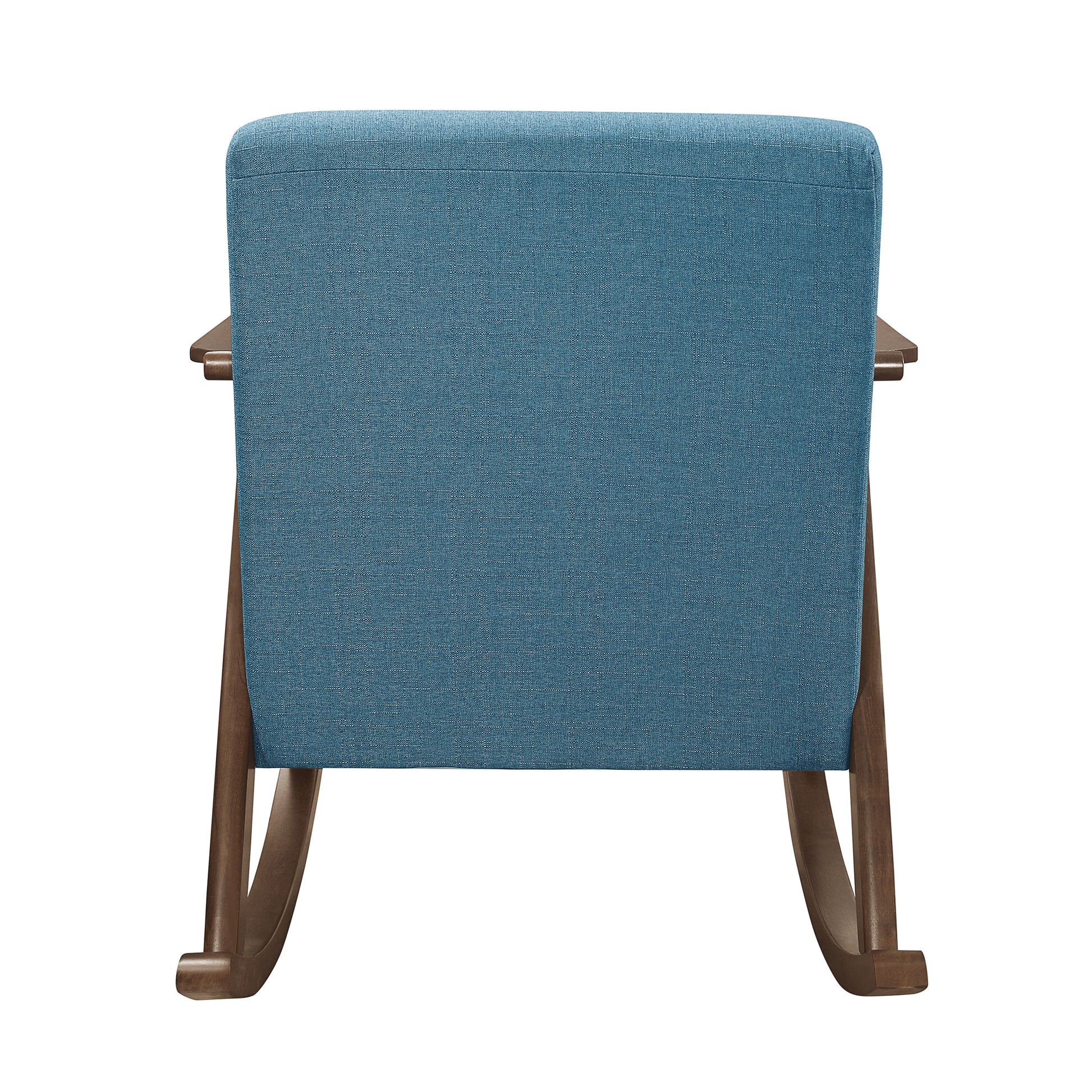 Rear view of a blue fabric upholstered rocking chair with wooden legs and arms