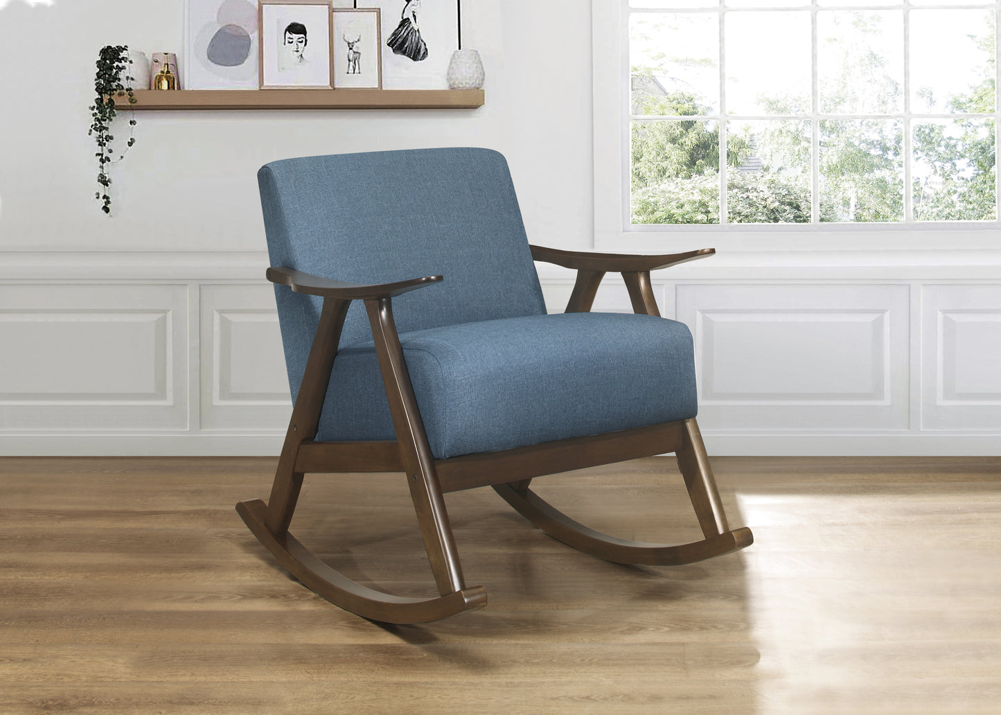 Blue upholstered midcentury modern rocking chair with dark wood frame