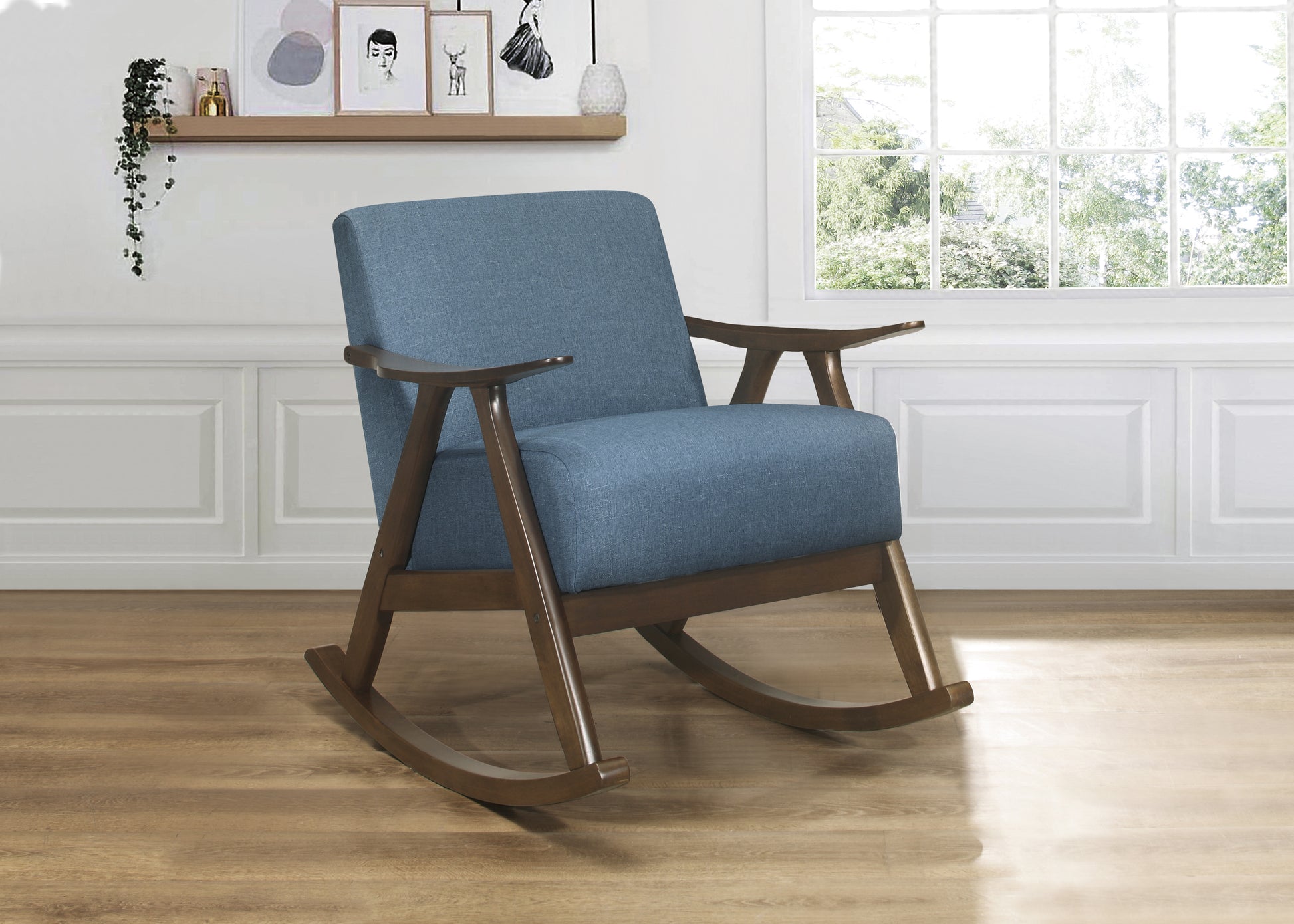 Blue upholstered midcentury modern rocking chair with dark wood frame