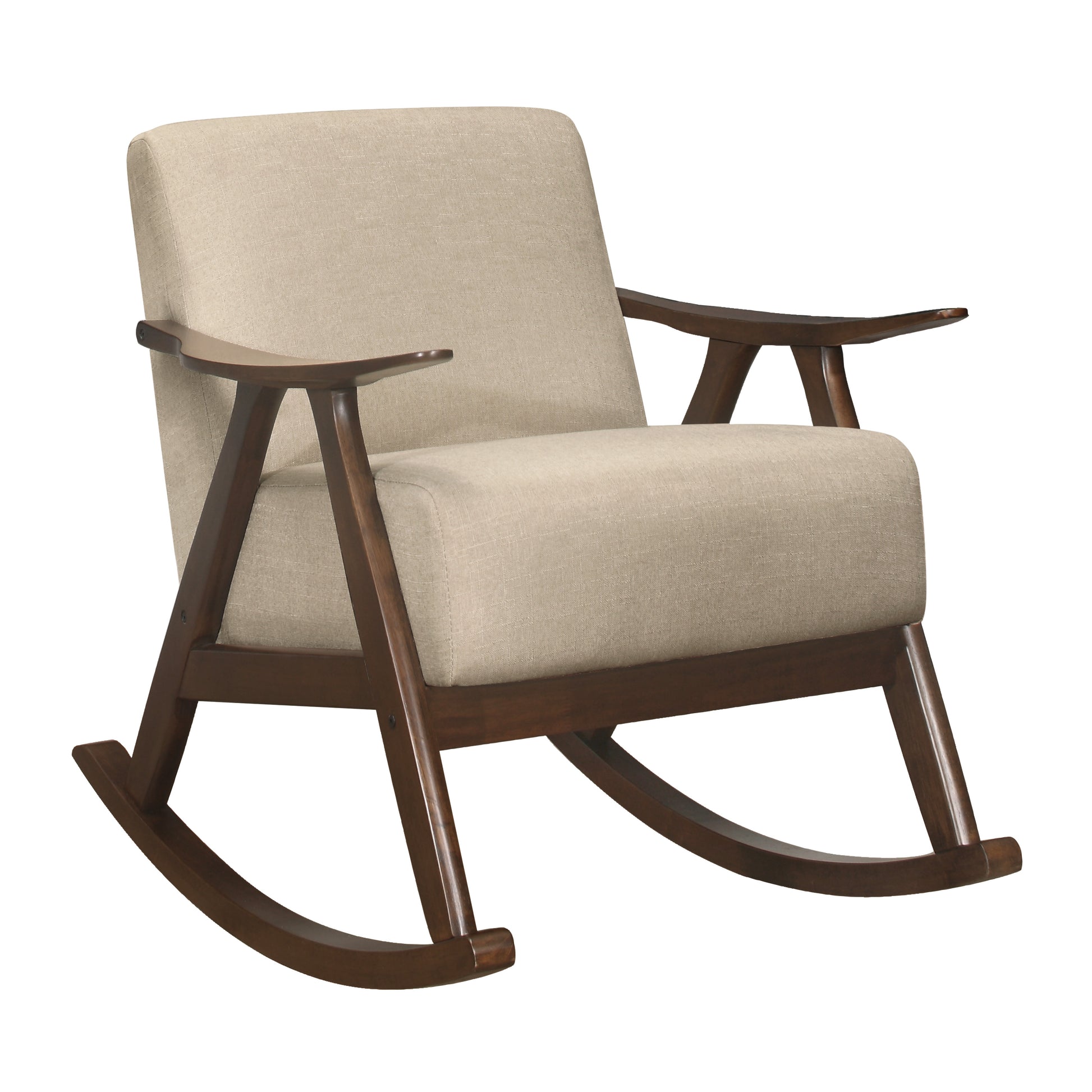 Classic rocking chair with beige fabric upholstery and dark wood frame