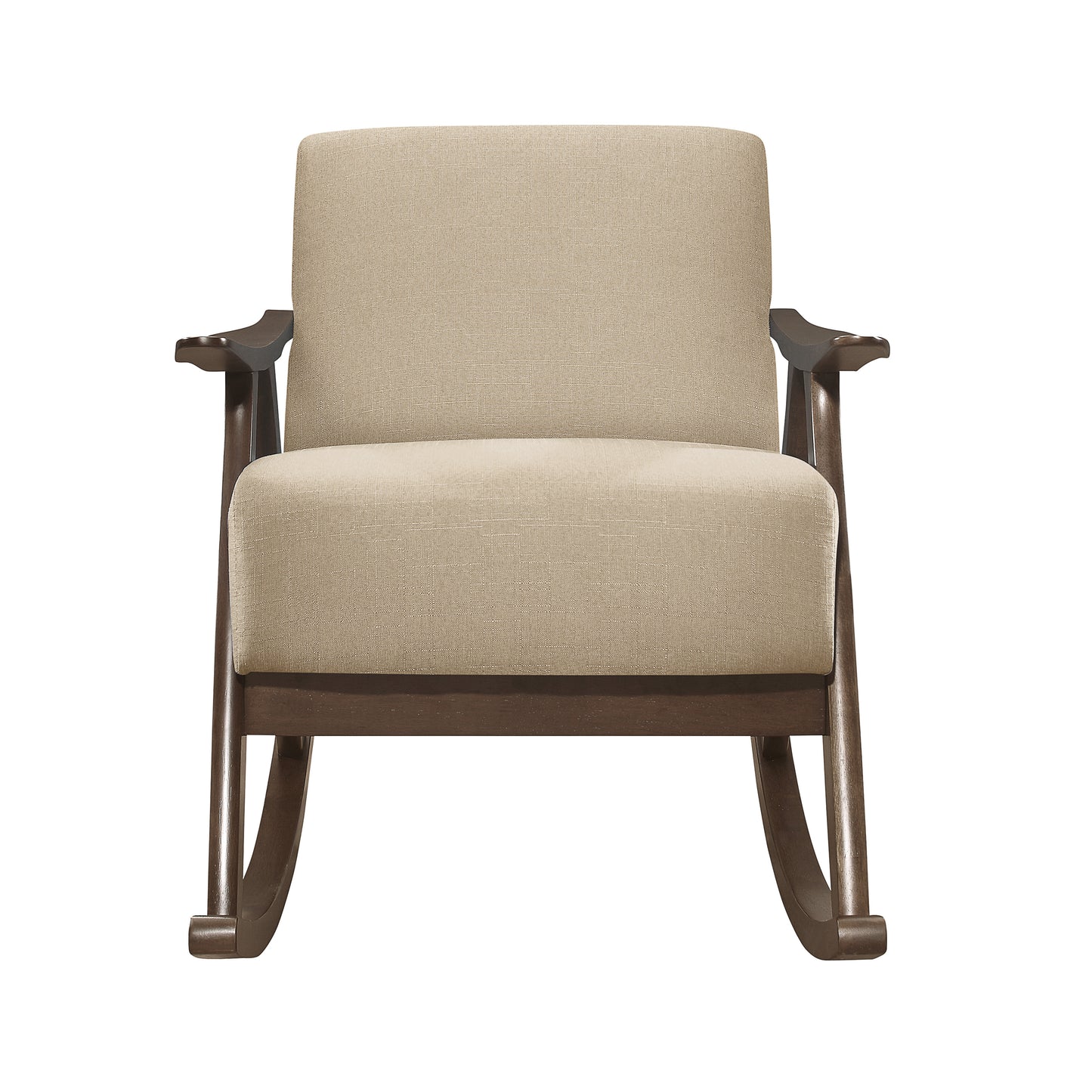 Beige linen upholstered rocking chair with dark wood frame and curved armrests for relaxation