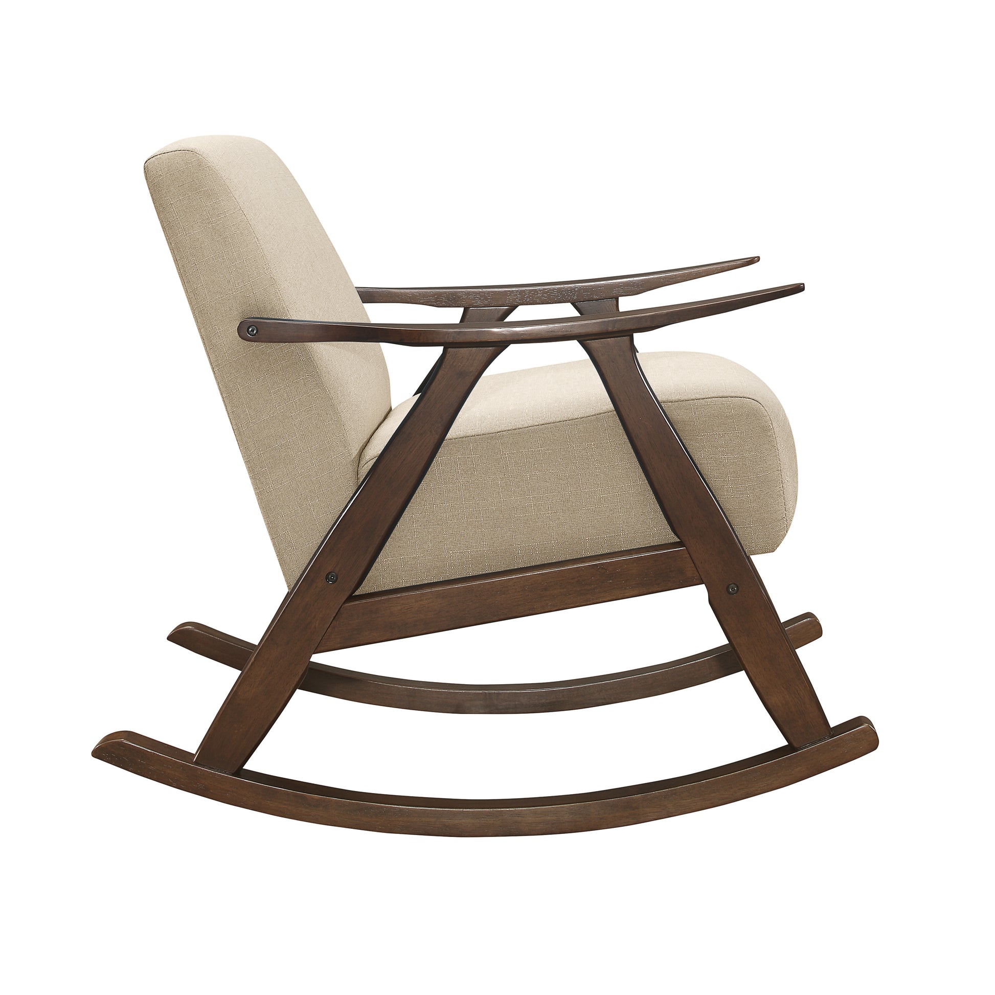 Midcentury modern rocking chair with natural linen upholstery and dark walnut wood frame