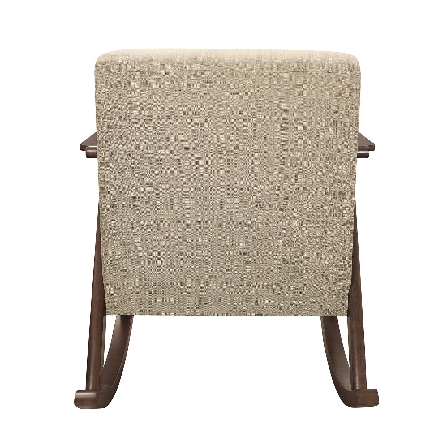 Back view of a taupe upholstered rocking chair with dark wood frame