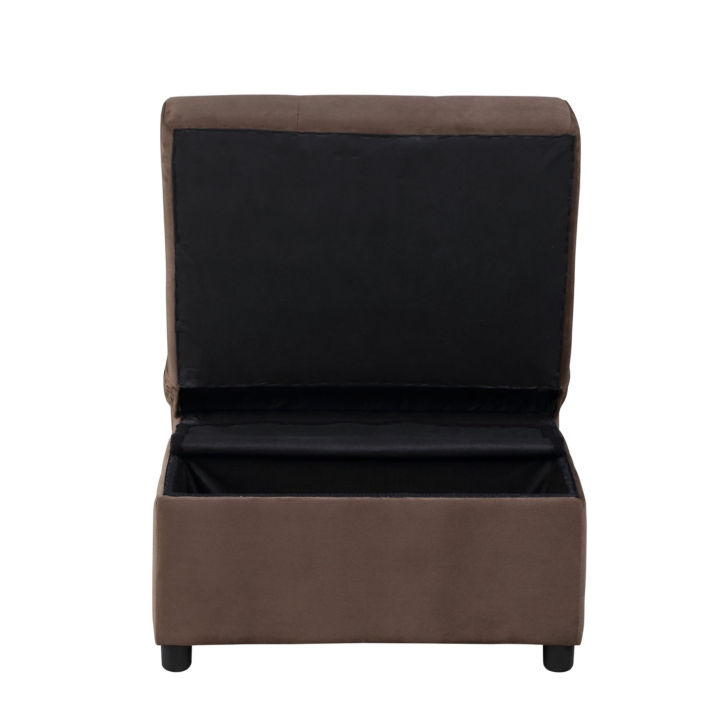 Brown fabric storage ottoman with its lid open revealing a spacious interior