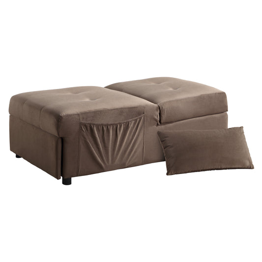 Tufted brown velvet ottoman with storage and side pocket