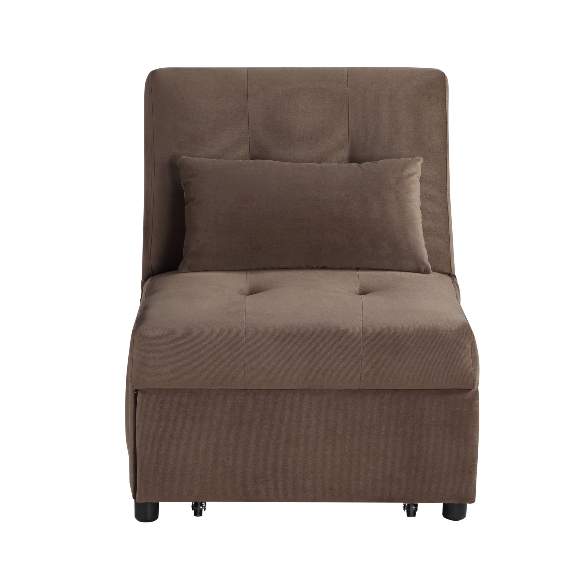 Brown upholstered convertible chair with tufted seat and accent pillow
