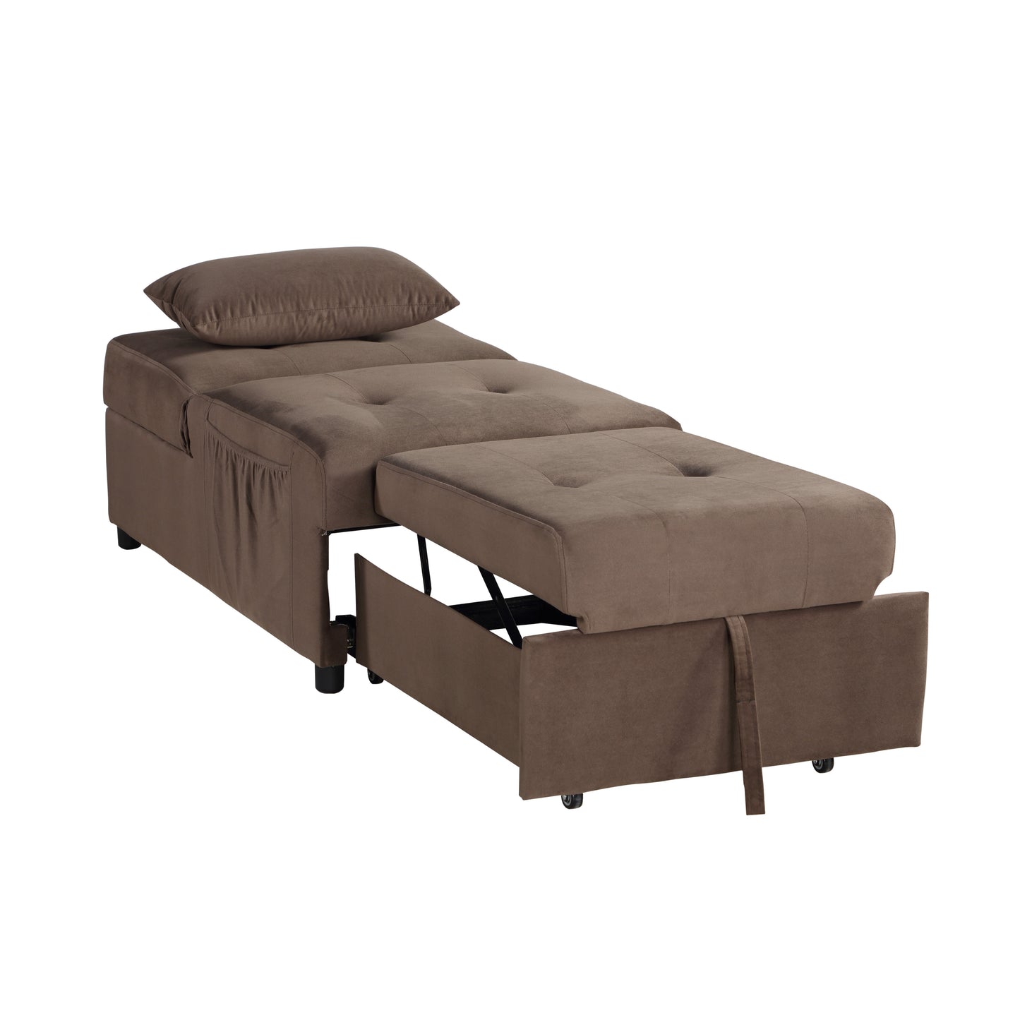 Brown velvet convertible sofa bed with pullout ottoman