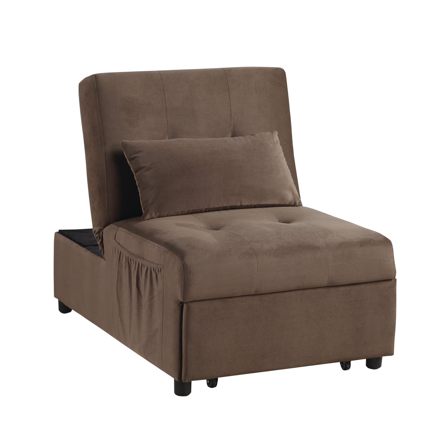 Brown upholstered convertible chaise lounge with tufted seat and included lumbar pillow