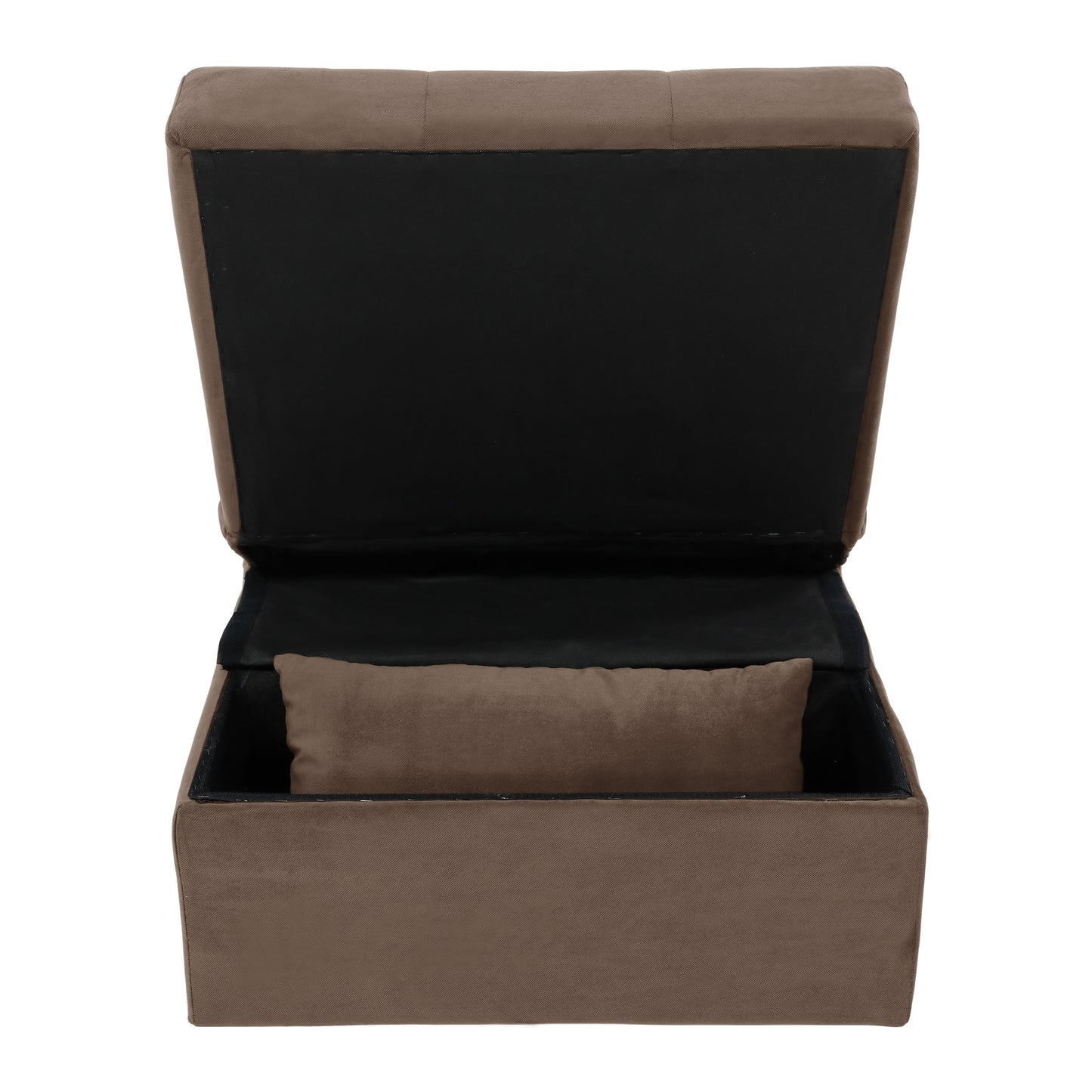 Brown fabric storage ottoman with open lid revealing black interior and small pillow
