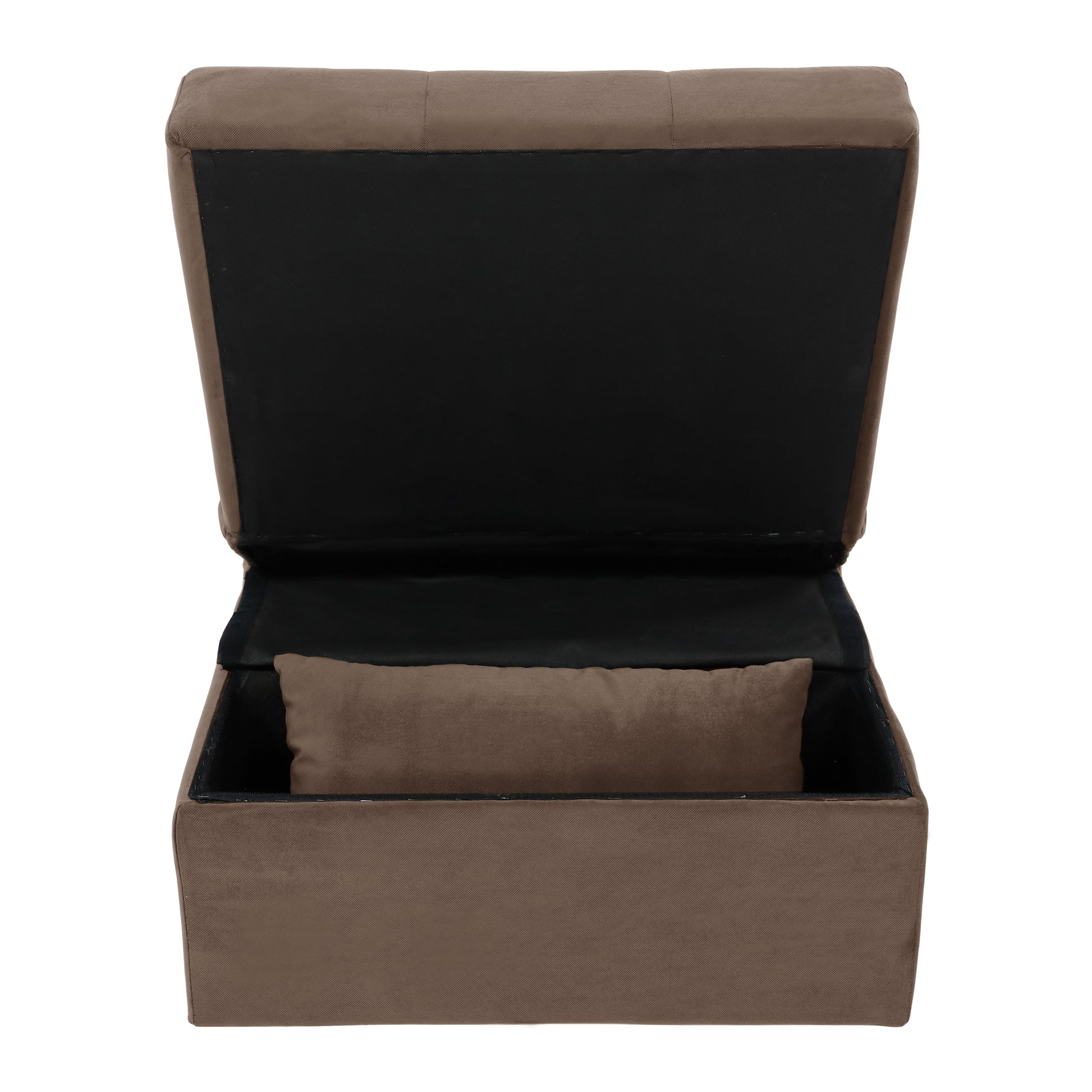 Brown fabric storage ottoman with open lid revealing black interior and small pillow