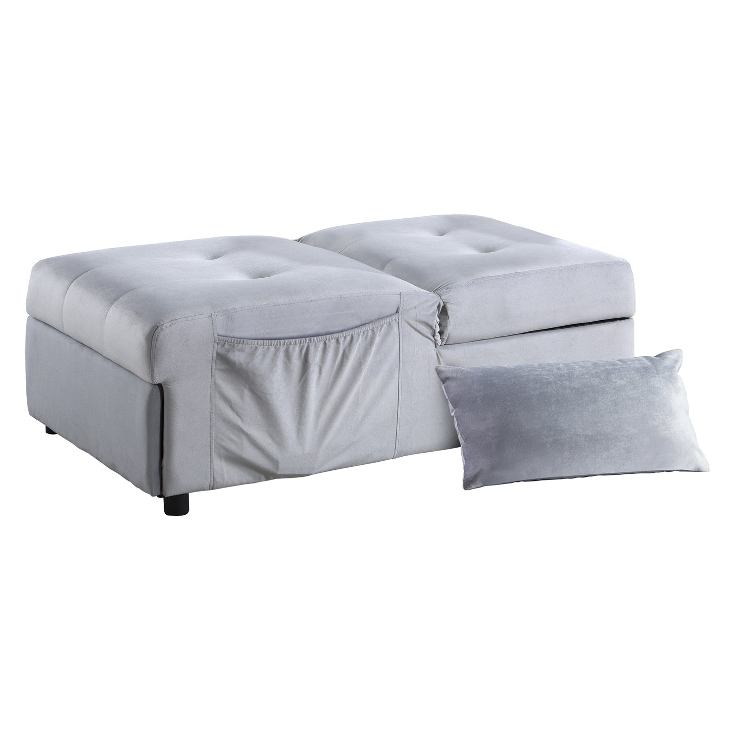 Light grey velvet storage ottoman with tufted top