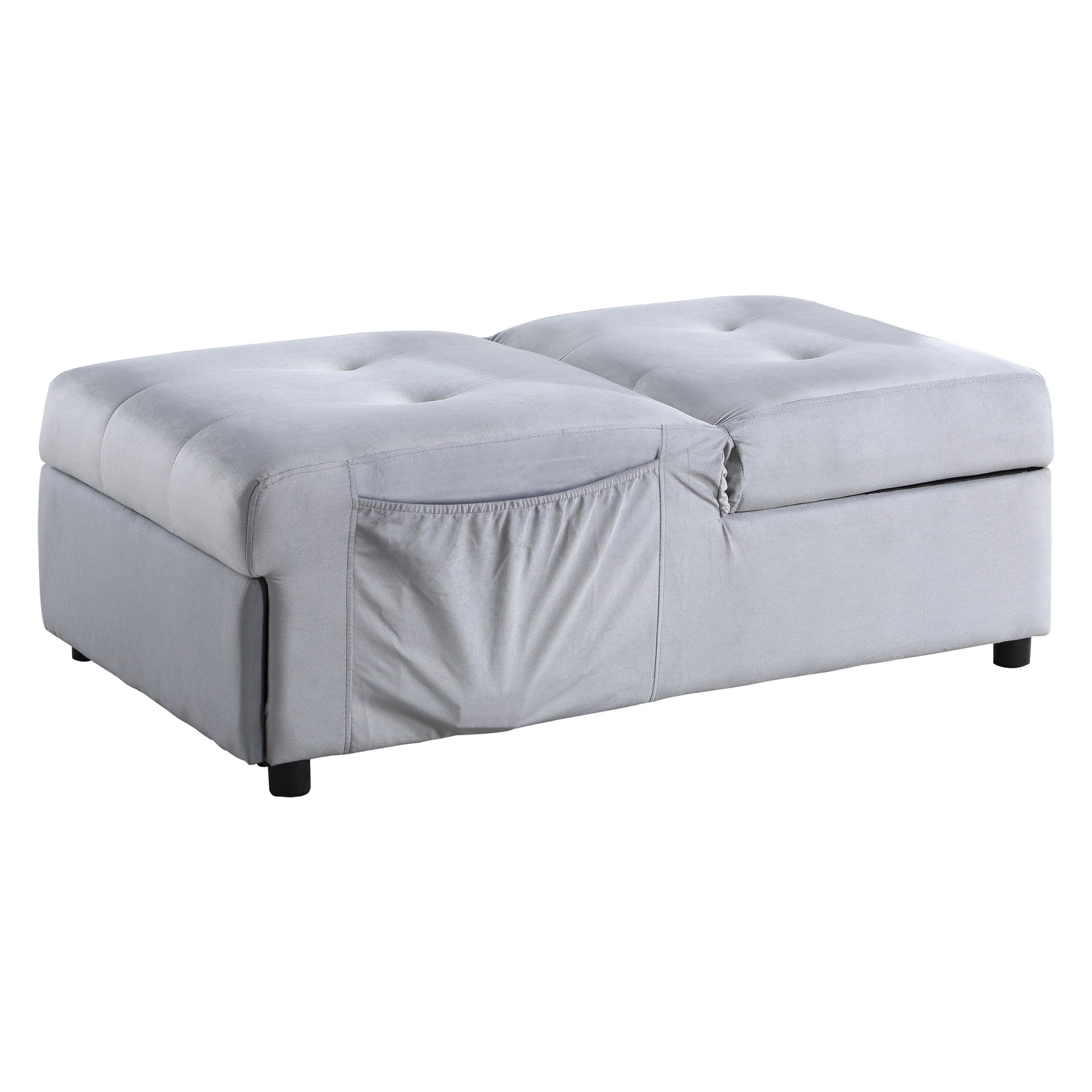 Light gray tufted velvet storage ottoman with side pockets and black legs