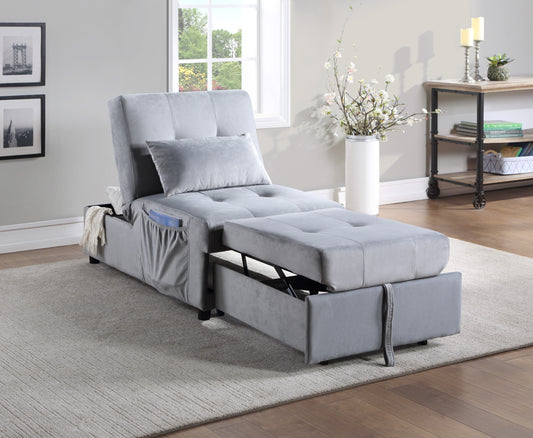 Grey convertible sofa bed with pullout ottoman and storage