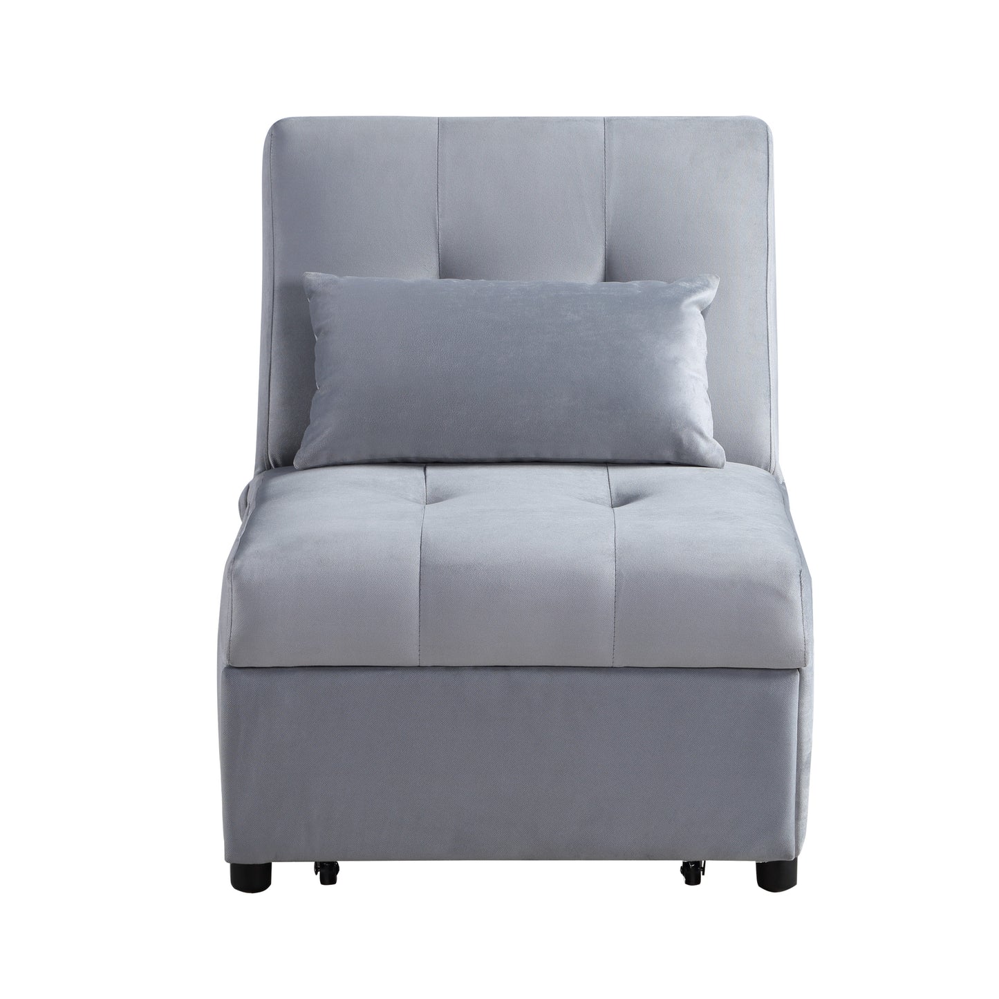 Tufted grey velvet armchair with lumbar pillow and hidden storage