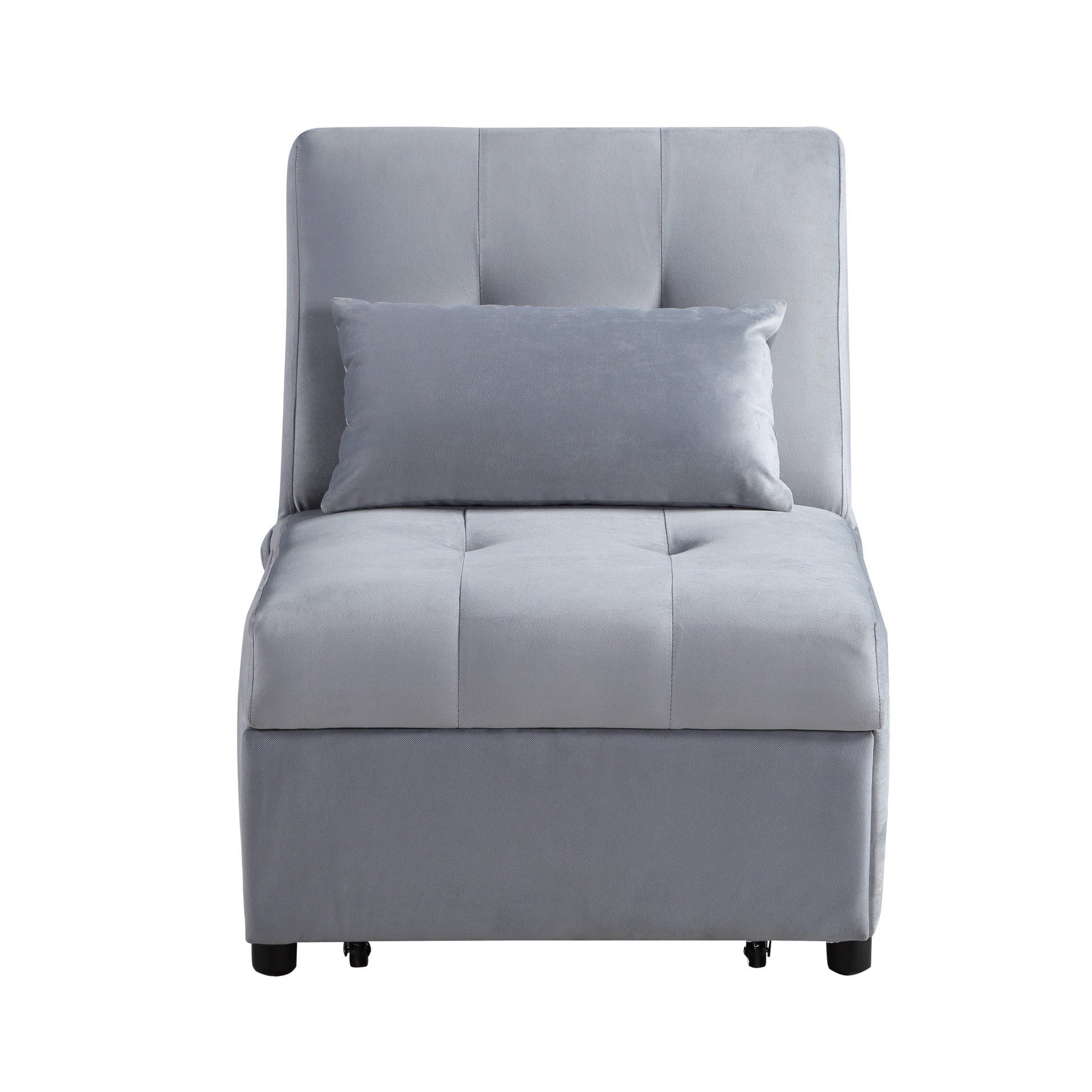 Tufted grey velvet armchair with lumbar pillow and hidden storage