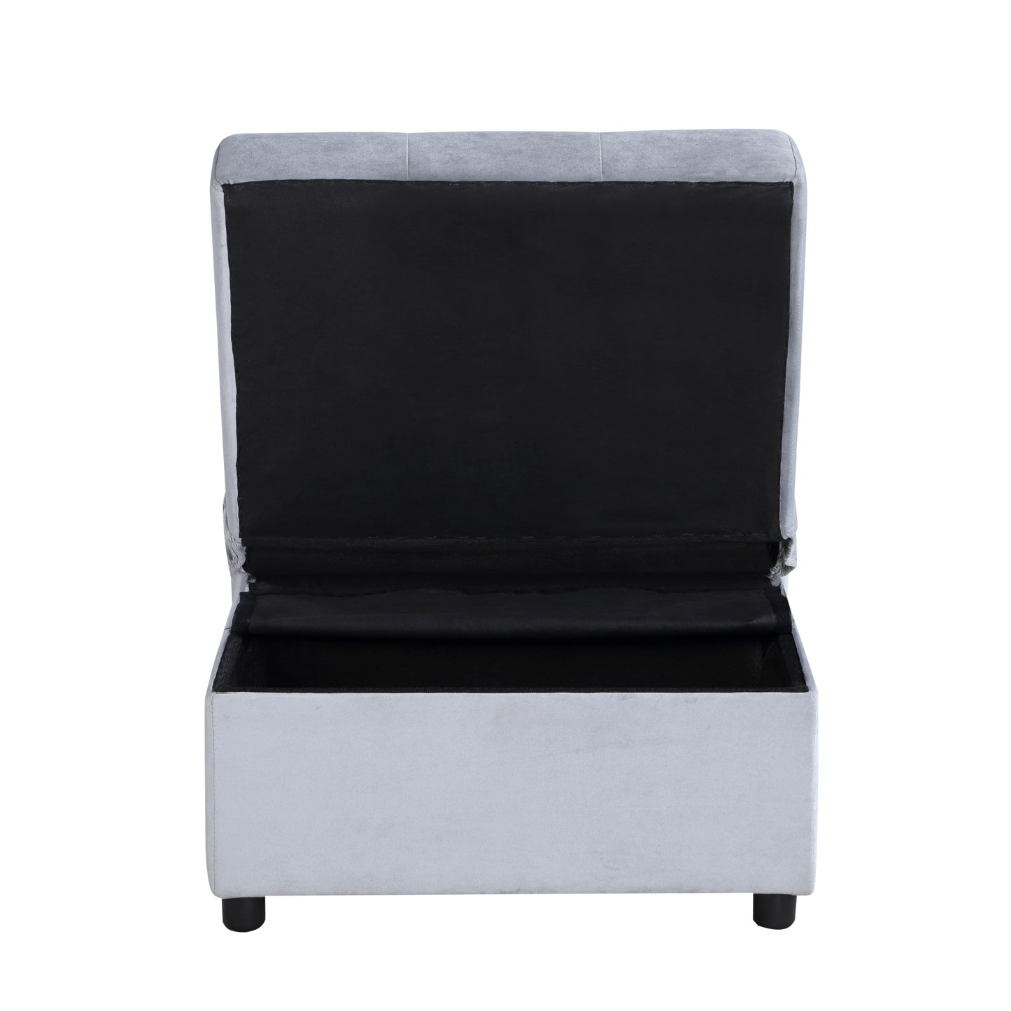 Light grey velvet storage ottoman with tufted lid and black interior