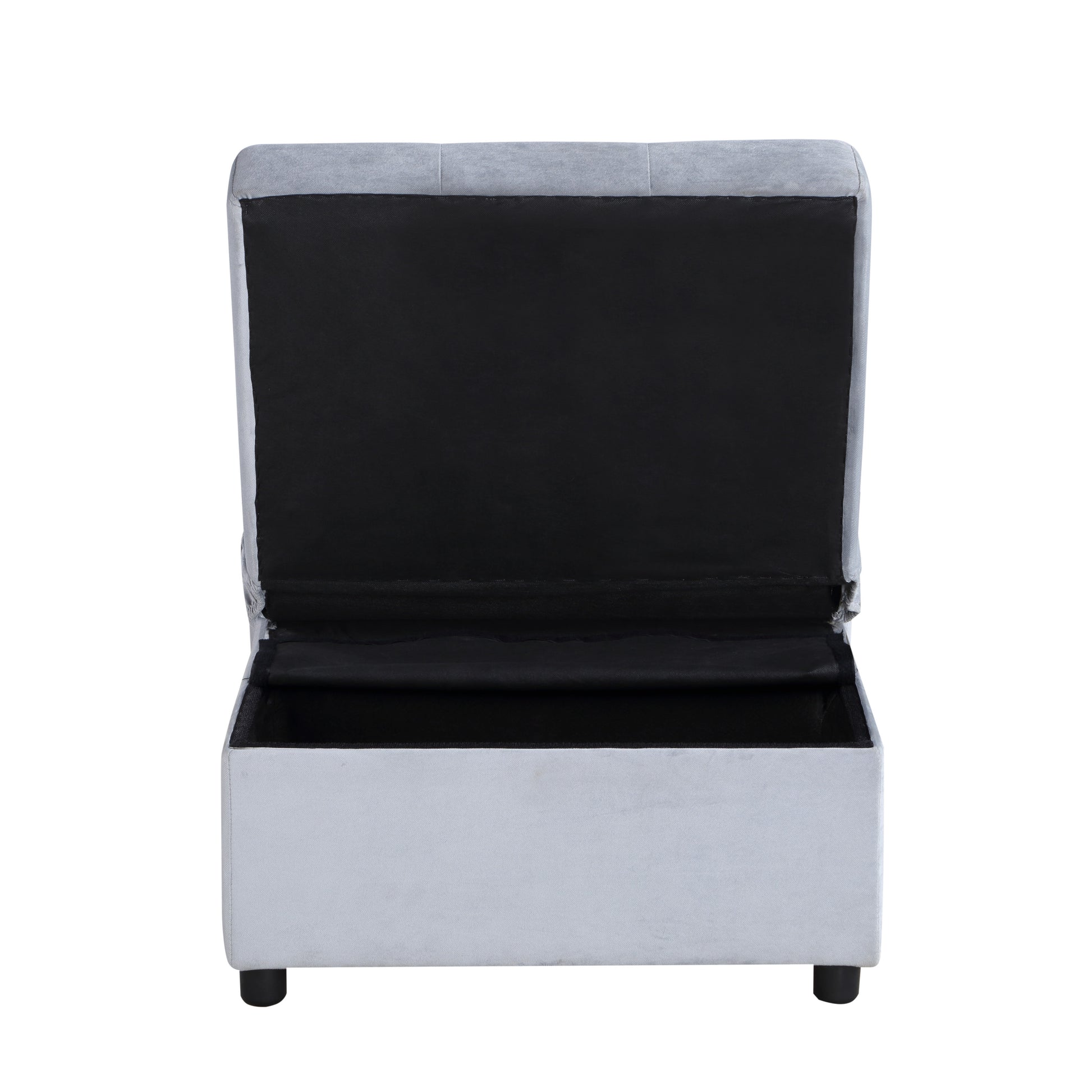 Light grey velvet storage ottoman with tufted lid and black interior