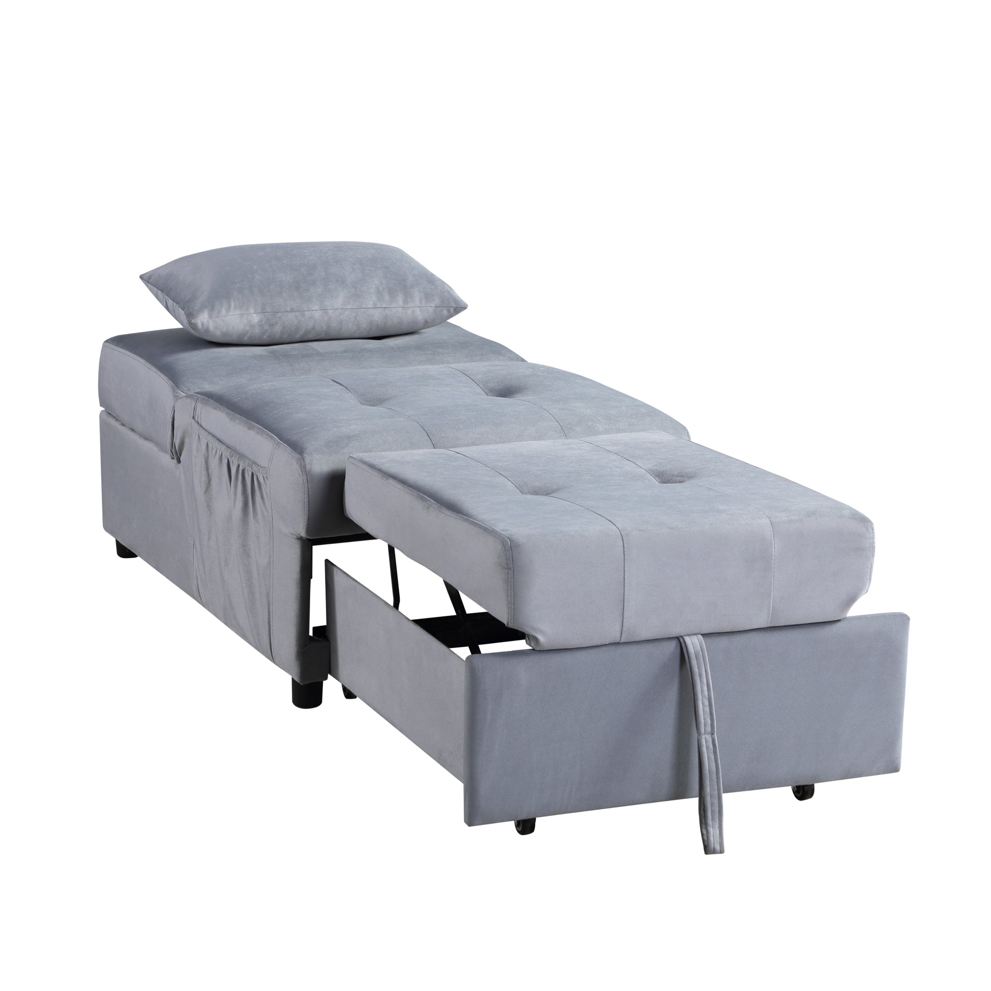 Grey velvet sofa bed with pullout ottoman and storage drawer