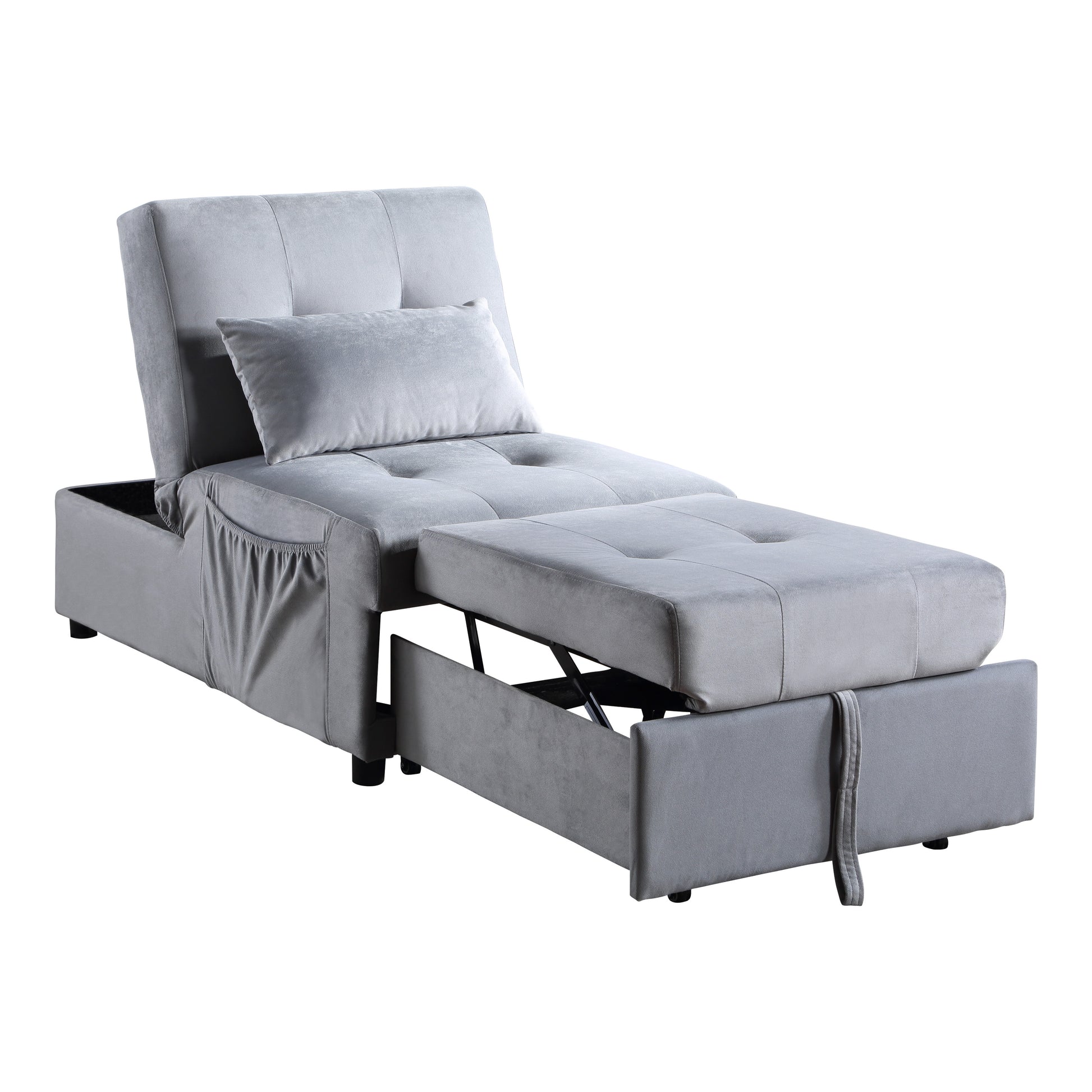 Grey velvet convertible sofa bed with ottoman and storage