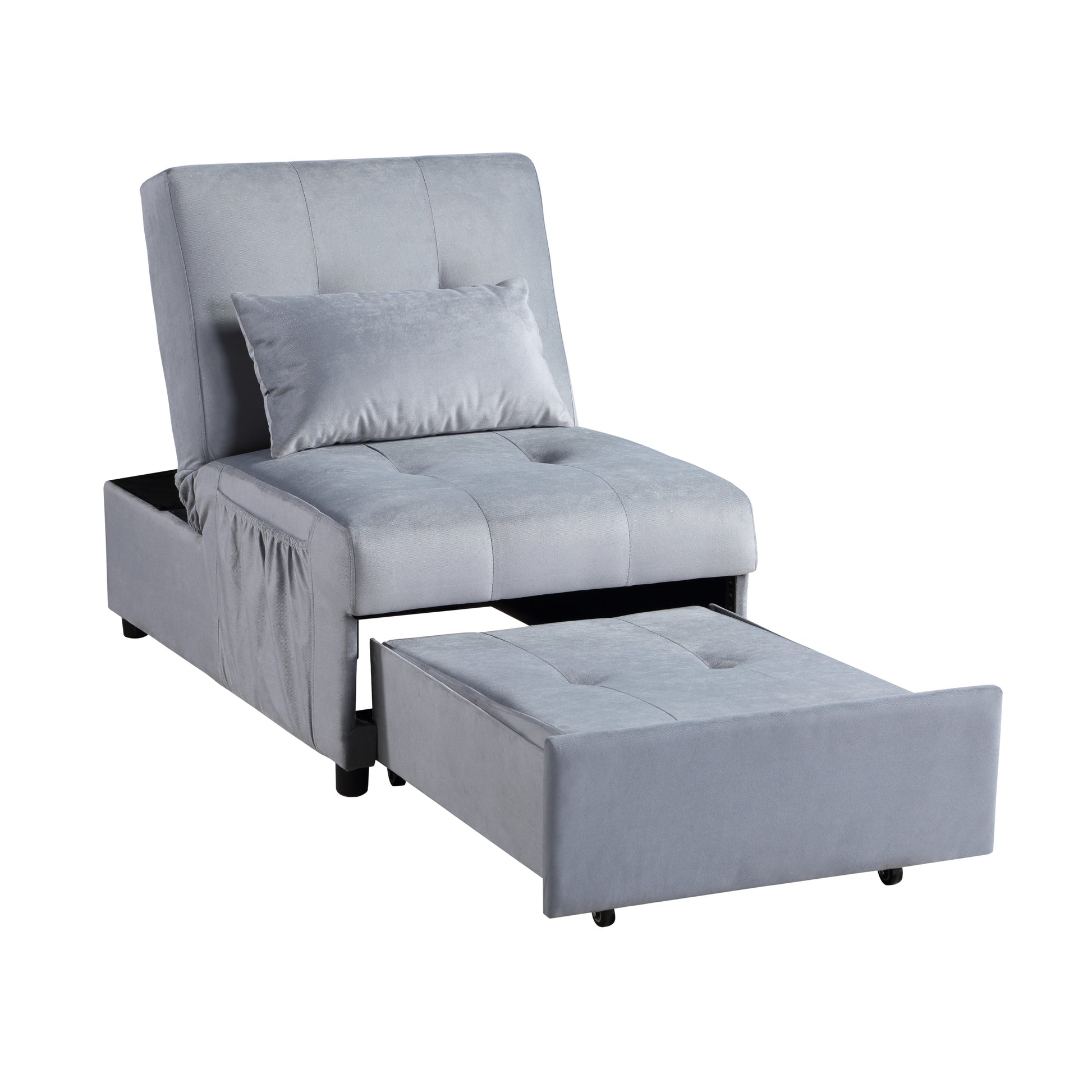 Grey velvet sofa bed with pullout ottoman and storage compartment