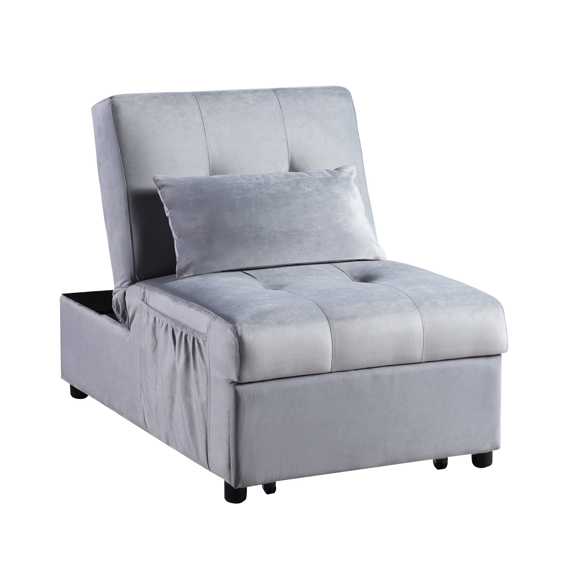 Grey velvet convertible sofa bed with storage