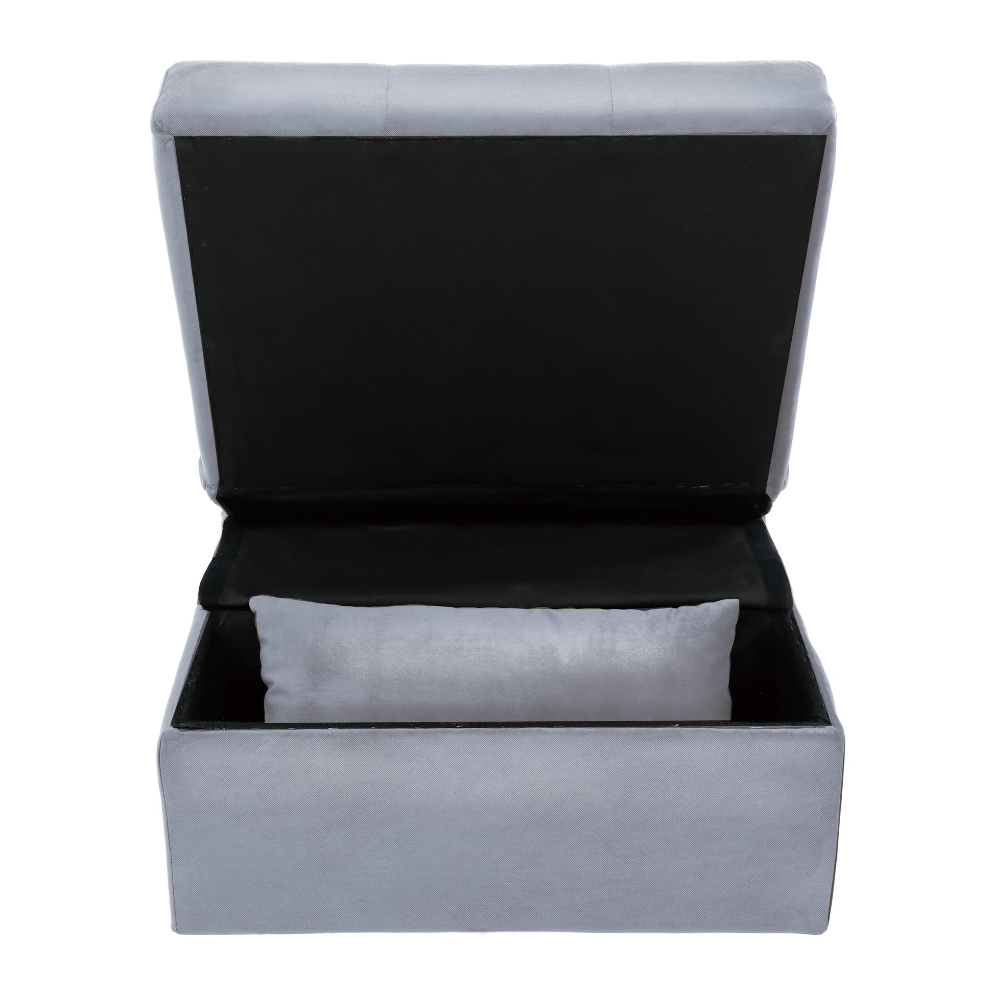 Gray velvet storage ottoman with open lid and a light gray pillow inside
