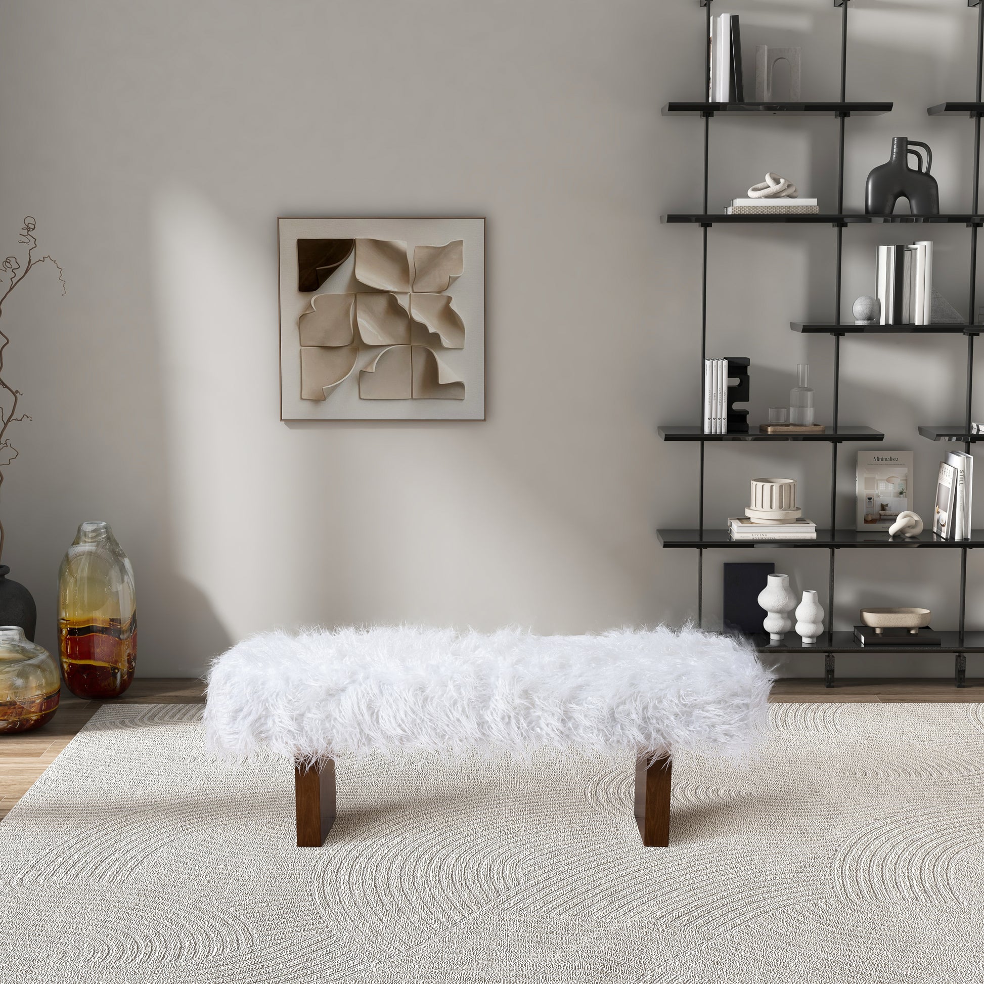 Plush white faux fur bench with dark wood legs for stylish seating