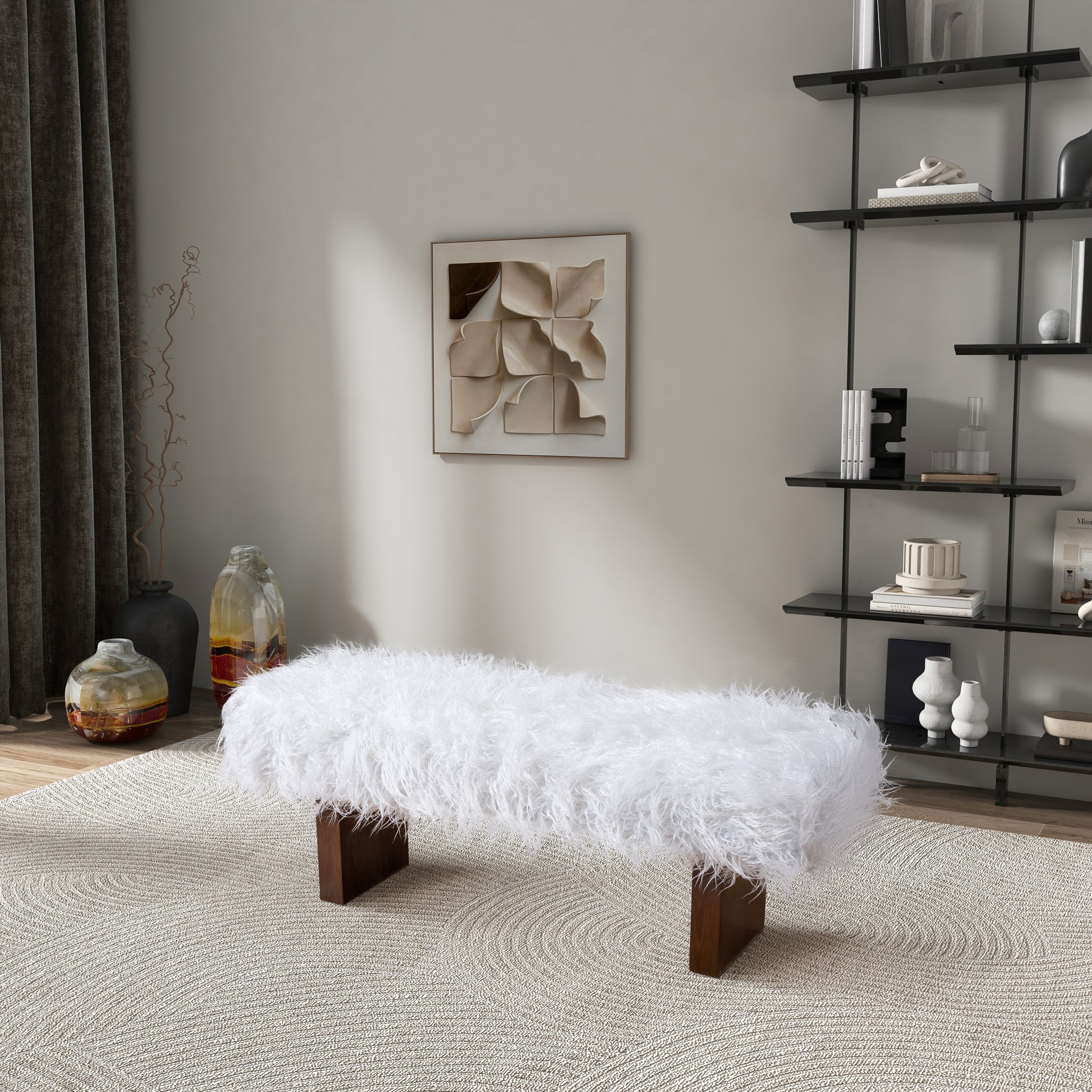Luxurious white faux fur bench with dark wood legs perfect for entryway seating