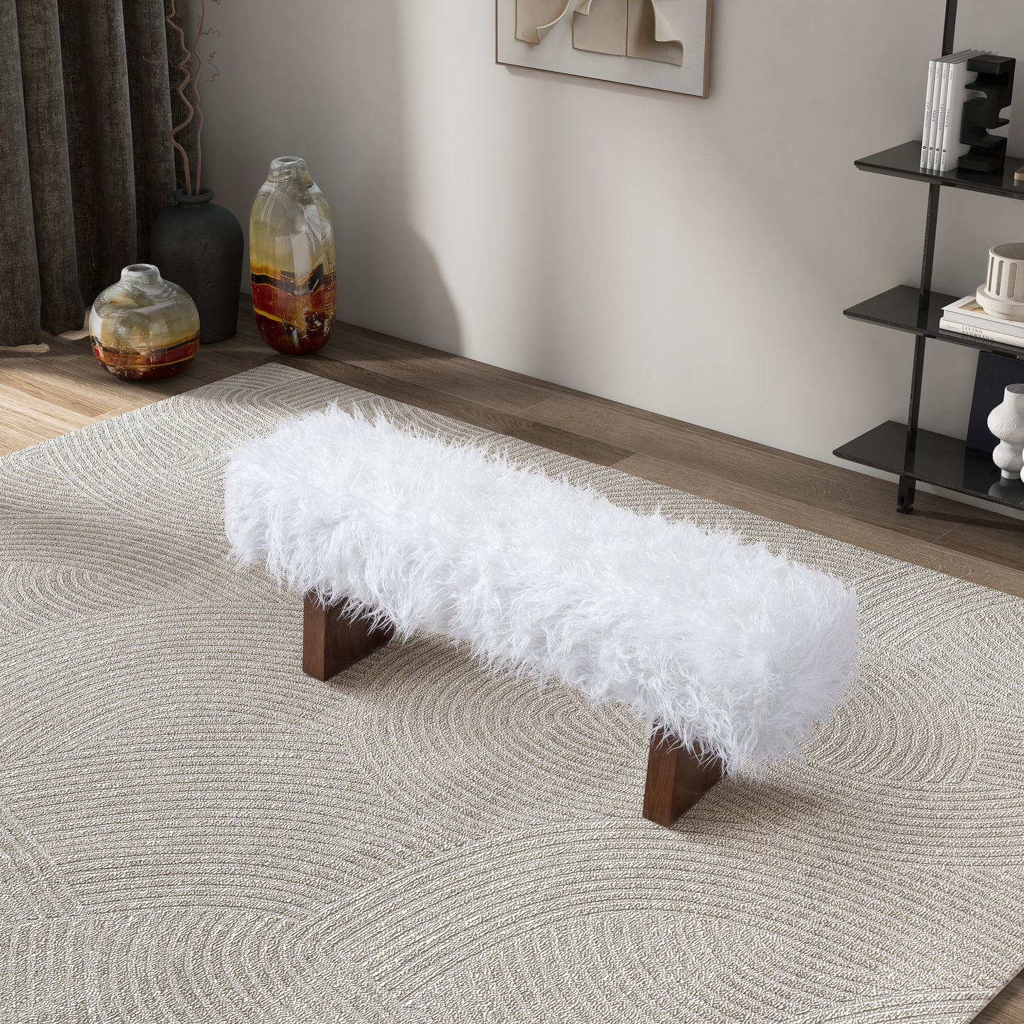 Fluffy white sheepskin bench with dark wood legs on a textured rug