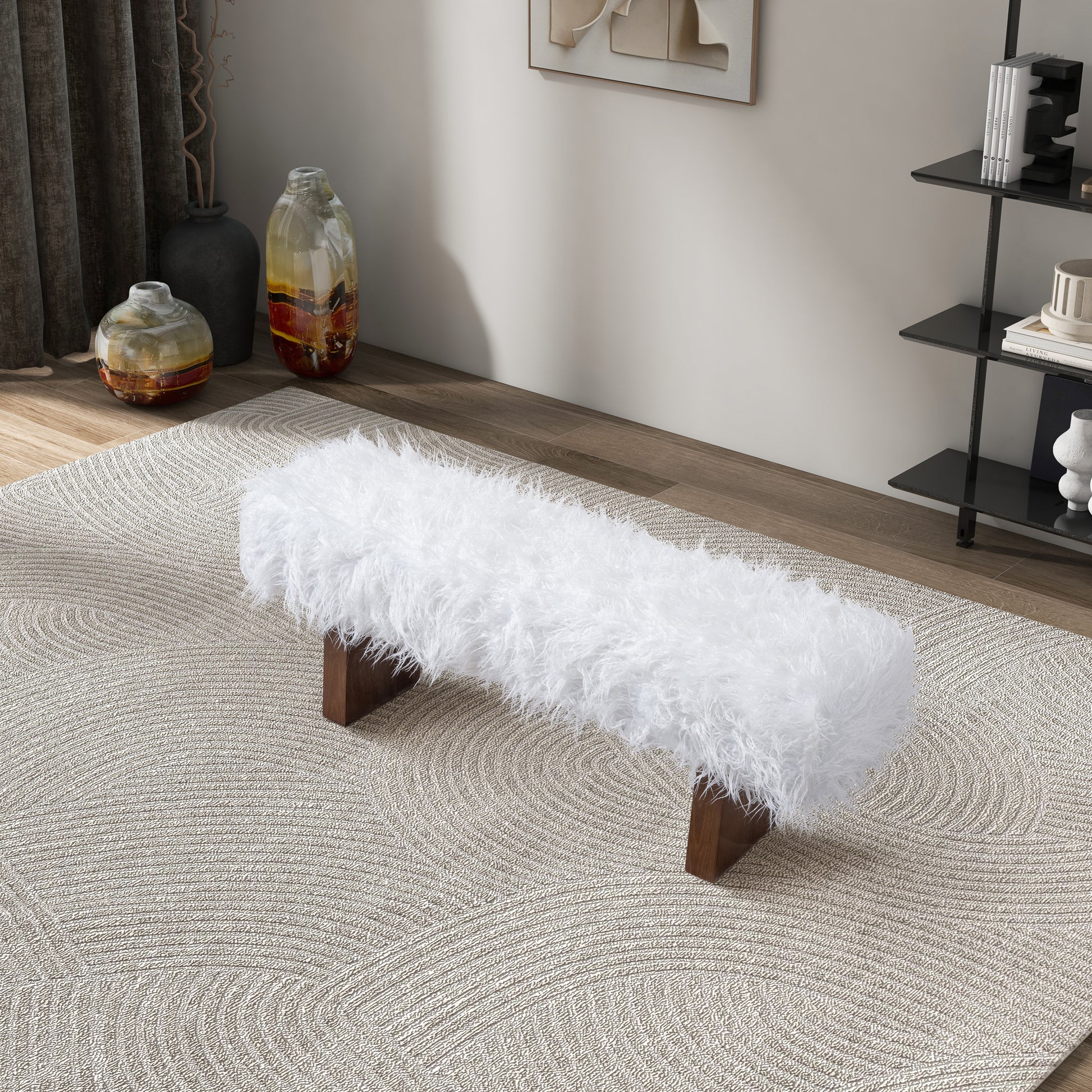 Fluffy white sheepskin bench with dark wood legs on a textured rug