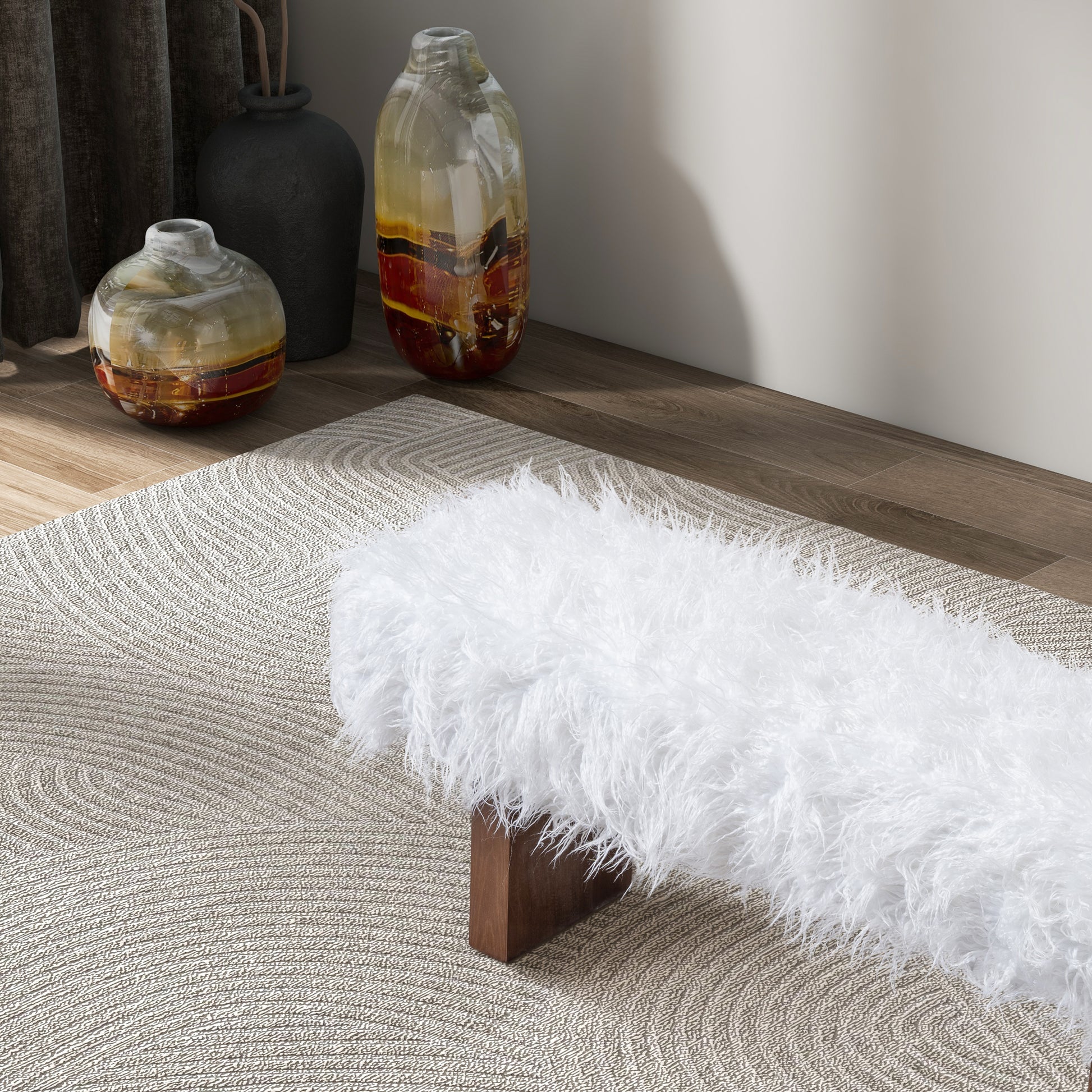 White faux fur accent bench with wooden legs on a textured rug